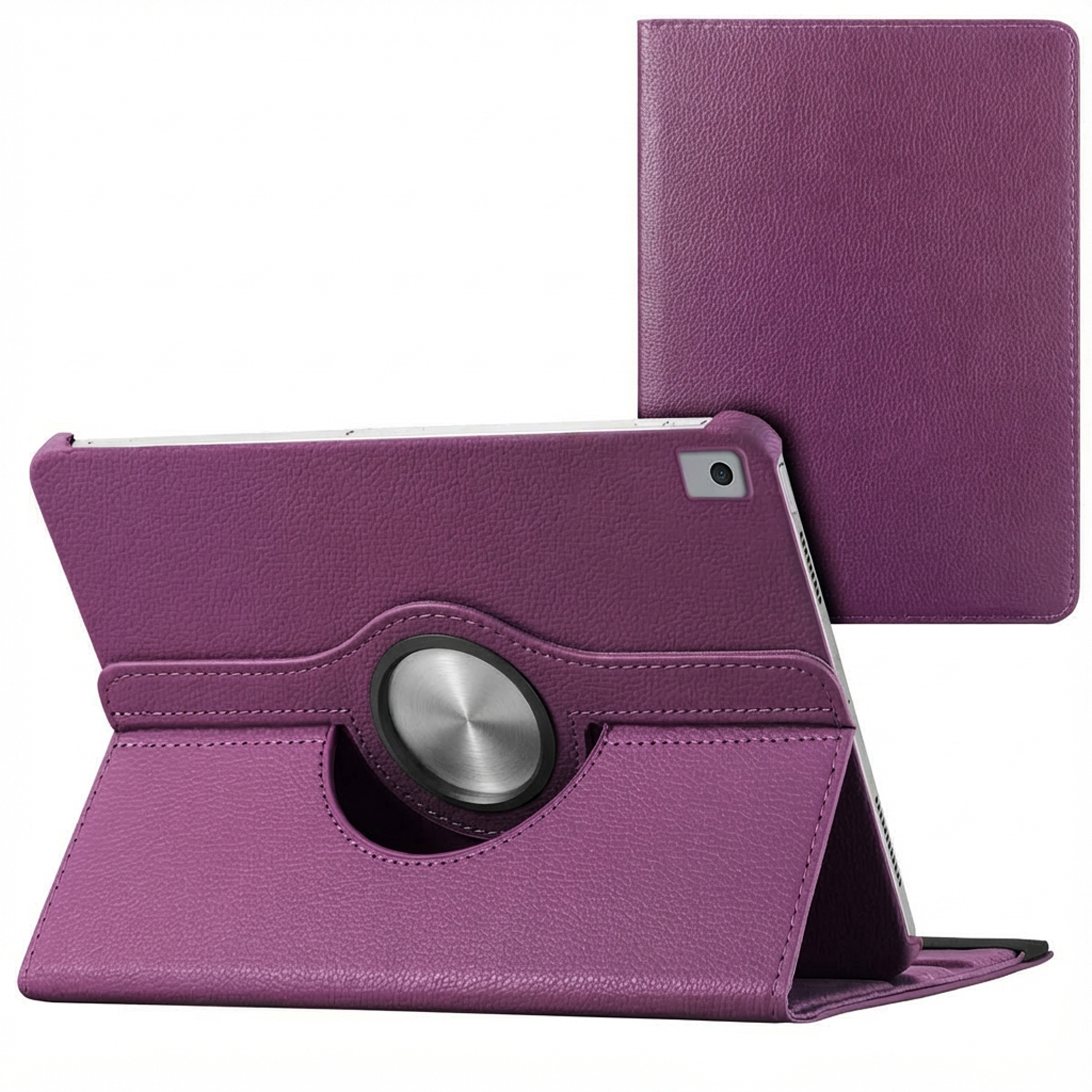 Purple tablet case with a rotating stand, and a separate cover piece. Features a silver disc on the front.