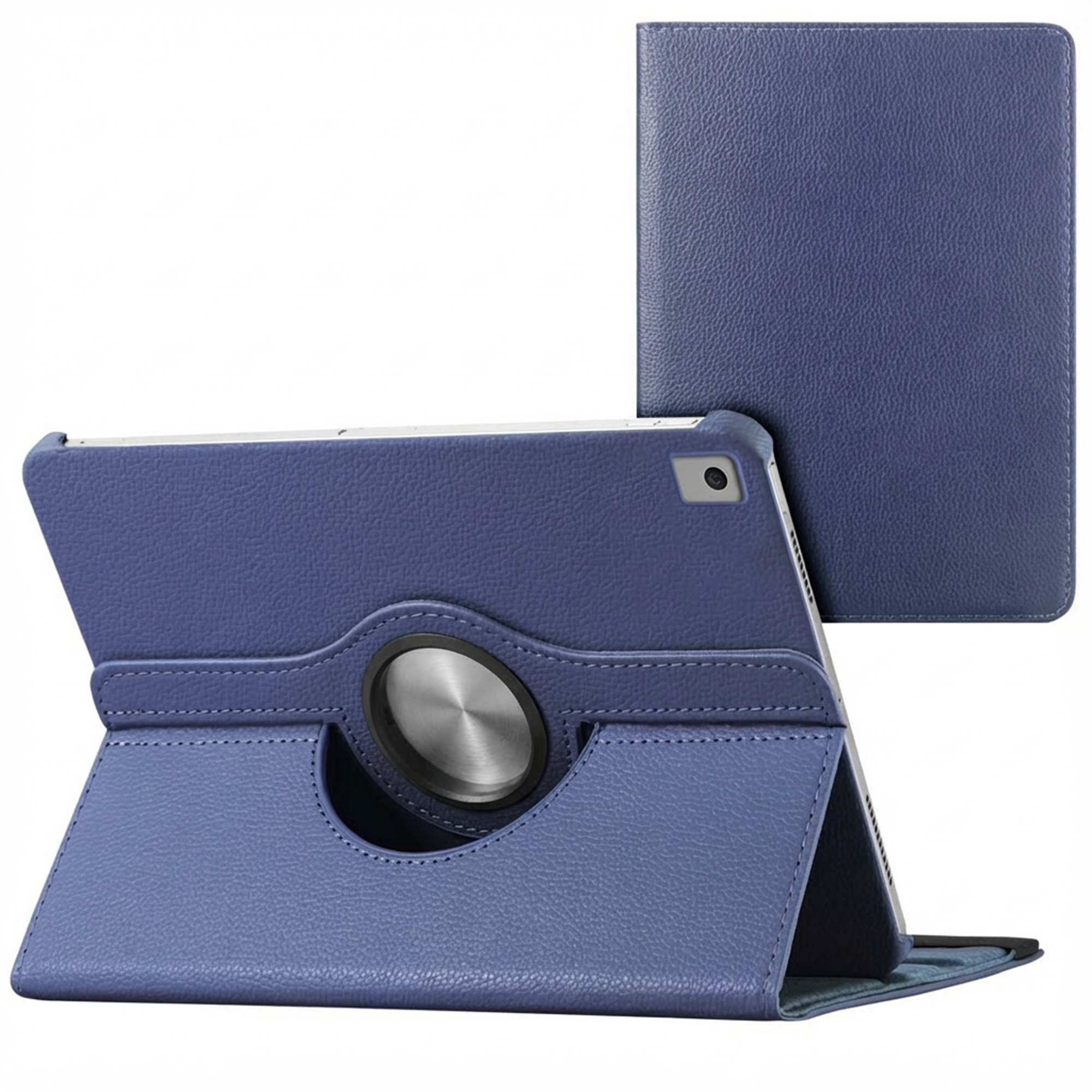 A blue tablet case with a rotating stand. A separate cover is seen on the right. White background.