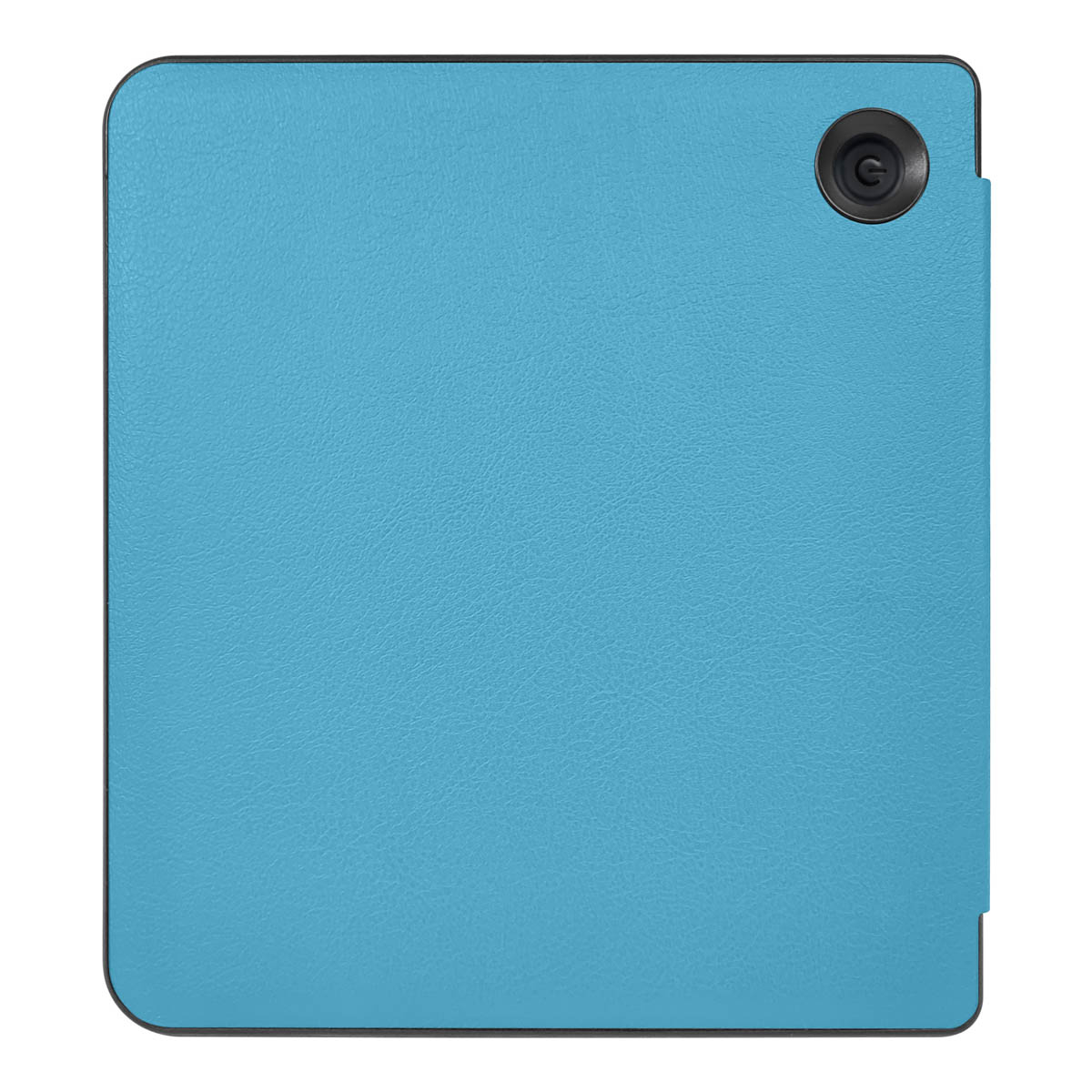 Een vierkante, lichtblauwe tablet hoes met zwarte rand. Een zwarte cameralens bevindt zich in de rechterbovenhoek.