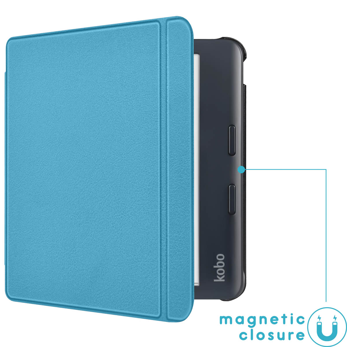 Een blauwe Kobo e-reader hoes, gedeeltelijk open, onthult het zwarte apparaat. Tekst geeft een magnetische sluiting aan.