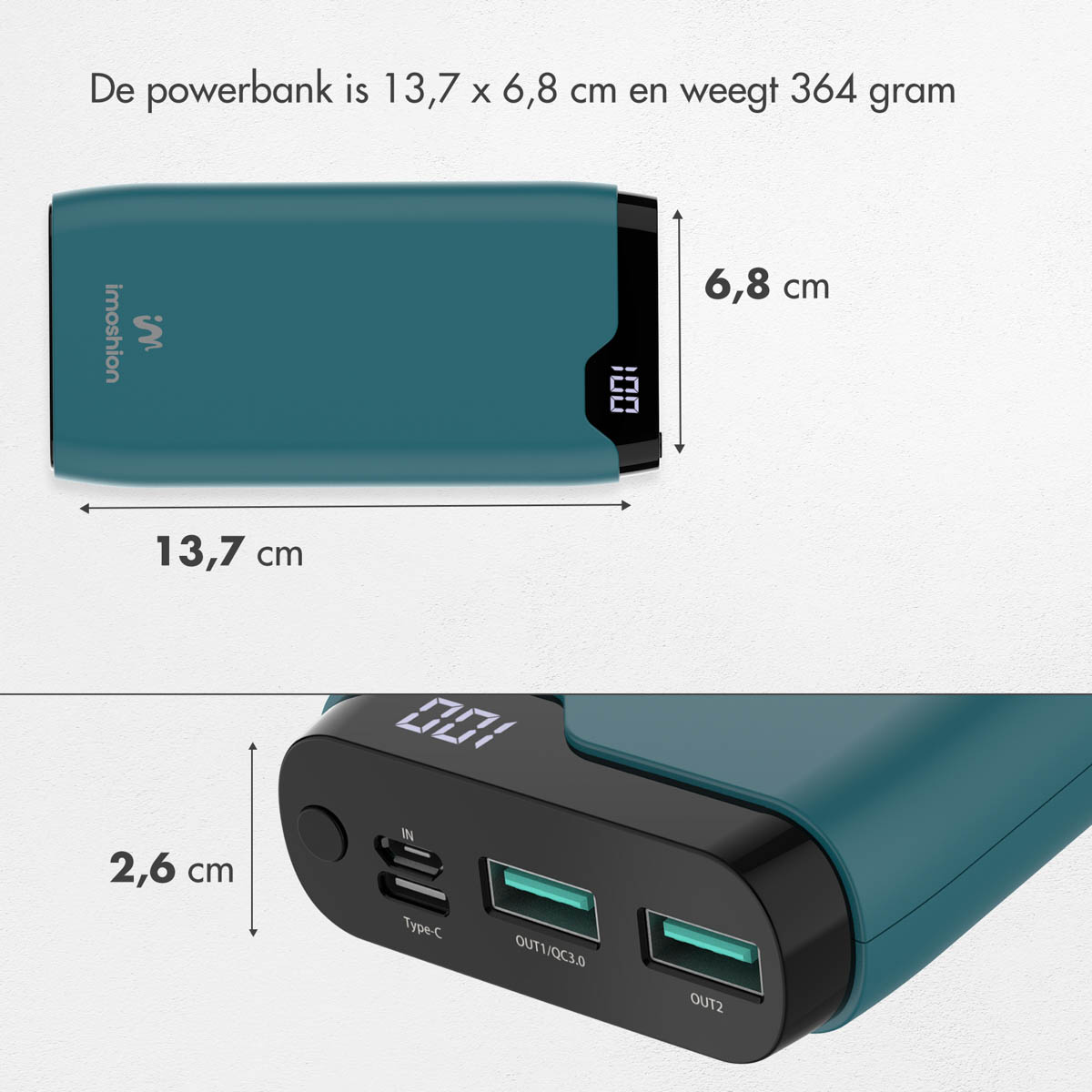 Eine türkisblaue Powerbank mit Abmessungs- und Gewichtsangaben. Merkmale sind Digitalanzeige, Anschlüsse und Markenname. Das Bild zeigt die Größe.