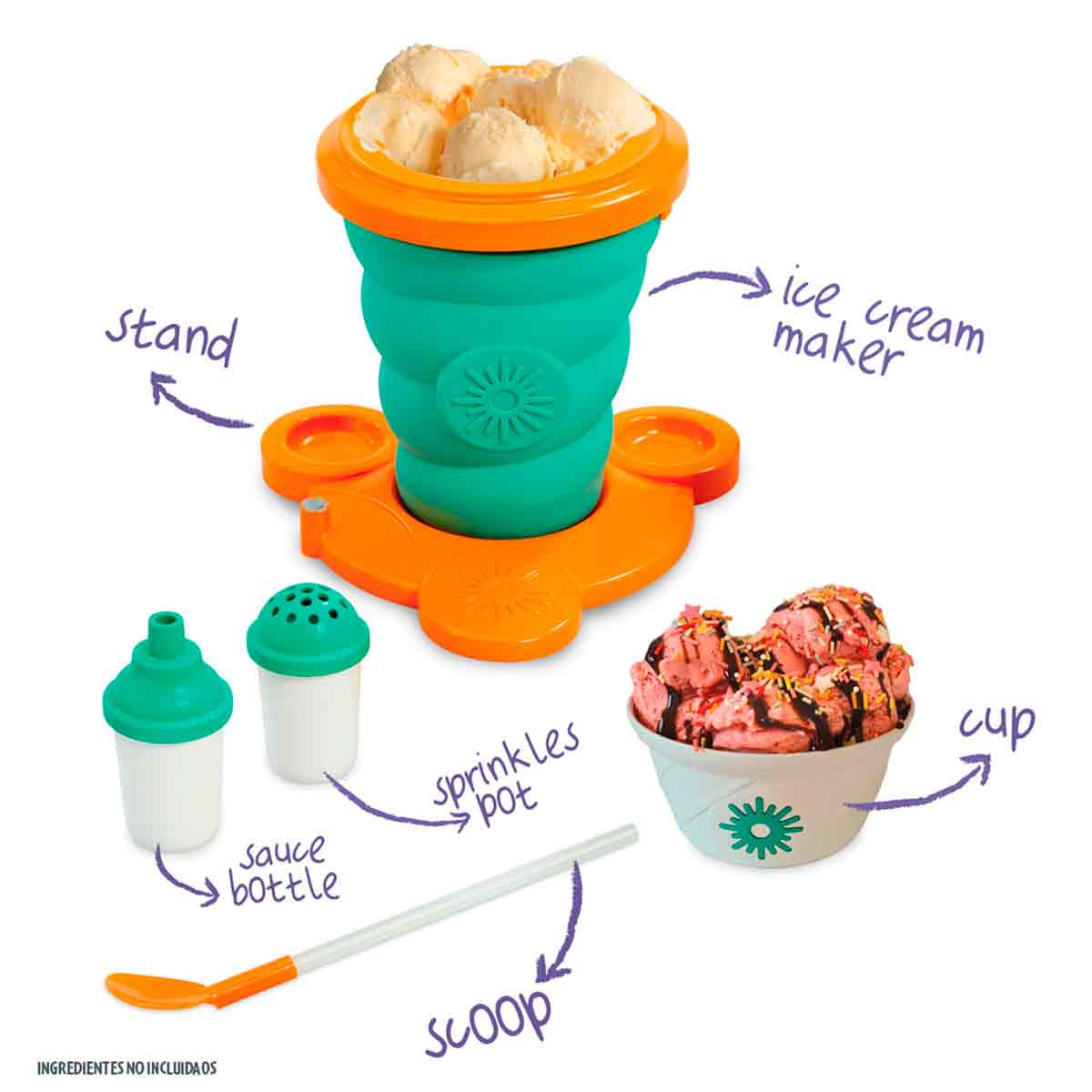 Un juego de máquina de helados: máquina, soporte, botella de salsa, bote de chispas, cuchara y una taza de helado con aderezos.