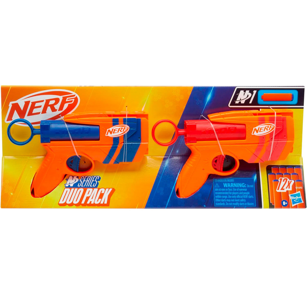 Nerf Duo Pack, pistolas de juguete naranjas y azules en embalaje naranja. Incluye 12 dardos y una etiqueta de advertencia.
