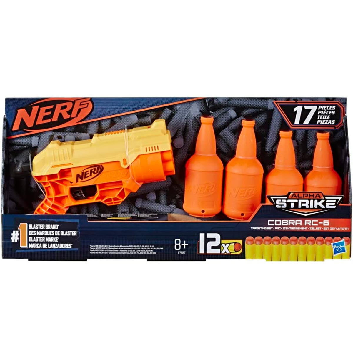 Set Nerf Cobra RC-6. Incluye blaster naranja y amarillo, botellas naranjas y dardos. La caja tiene los logos Nerf y Alpha Strike.