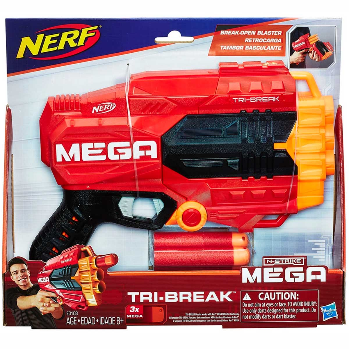 Un lanzador Nerf Tri-Break Mega en su caja. El lanzador es rojo y naranja, con la palabra MEGA. La caja muestra a un niño sosteniendo el lanzador.