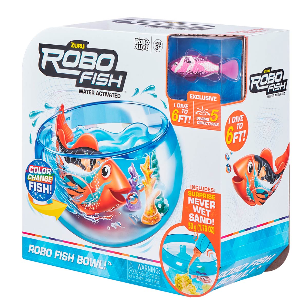 La caja muestra un juguete Robo Fish. Presenta un pez en un cuenco, con texto sobre cambio de color y activación por agua.