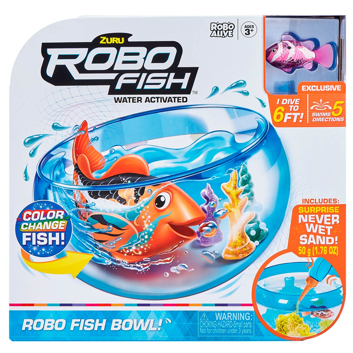 Arte de la caja del juguete Robo Fish. Un pez naranja nada en un cuenco. Incluye un pez rosa en una ventana lateral.