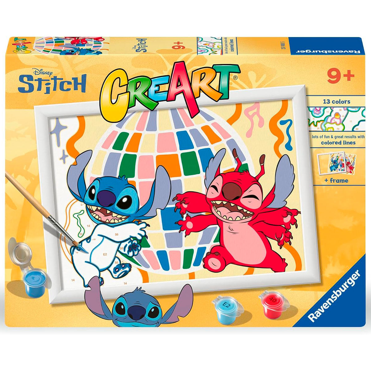 Un kit de pintura por números de Stitch. Muestra personajes Stitch azules y rojos frente a un fondo de bola de discoteca colorida.
