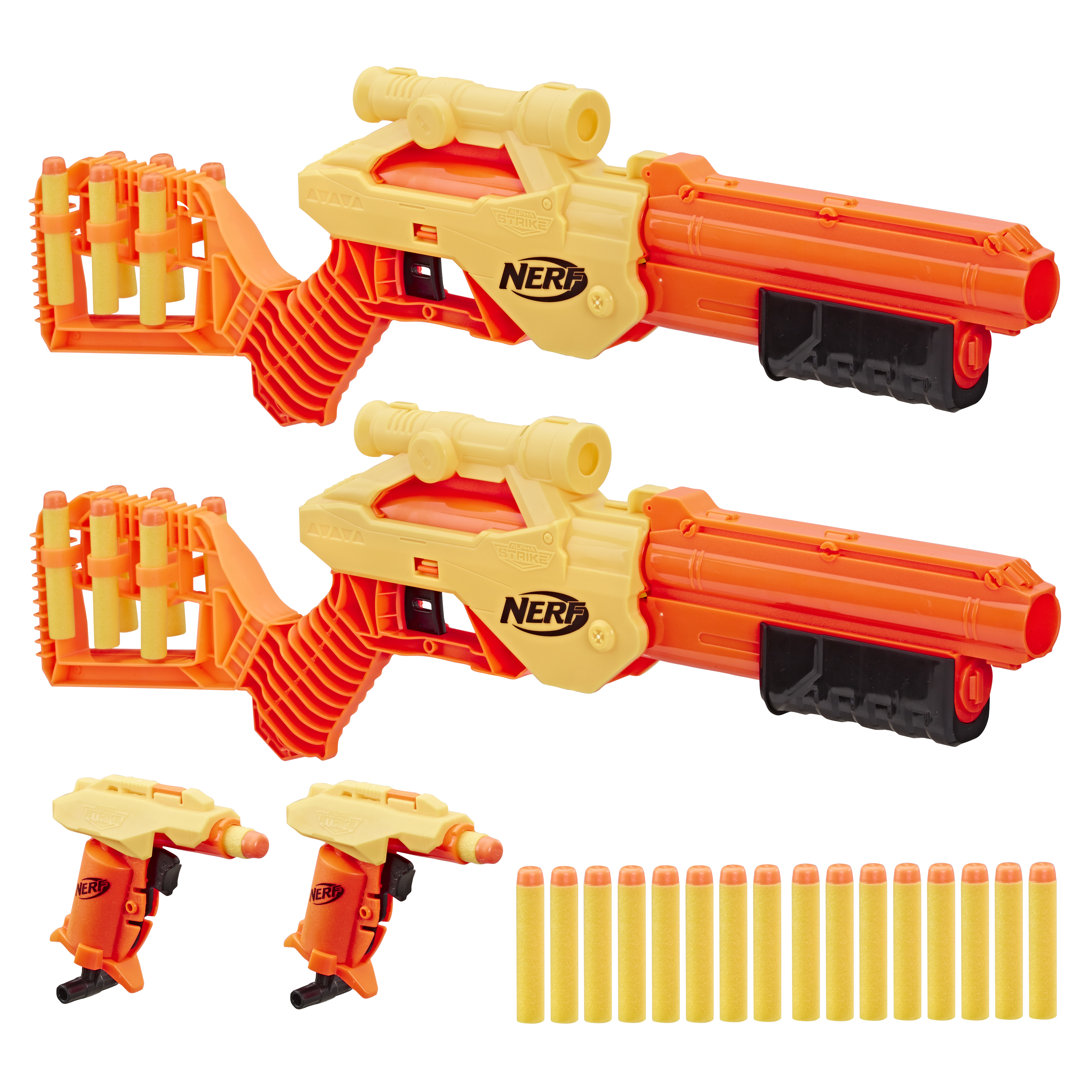Pistolas y dardos Nerf. Lanzadores y balas naranjas y amarillas. Se muestran varias pistolas y un juego de dardos.