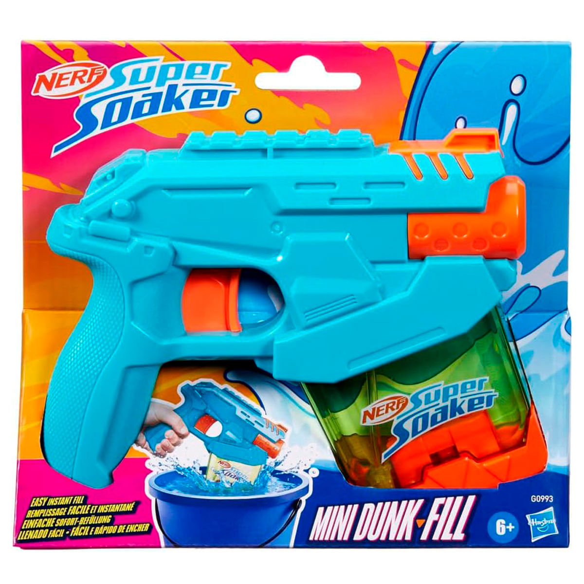 Una pistola de agua Nerf Super Soaker Mini Dunk-Fill en su embalaje. La pistola es azul y naranja, y el embalaje es rosa y azul.