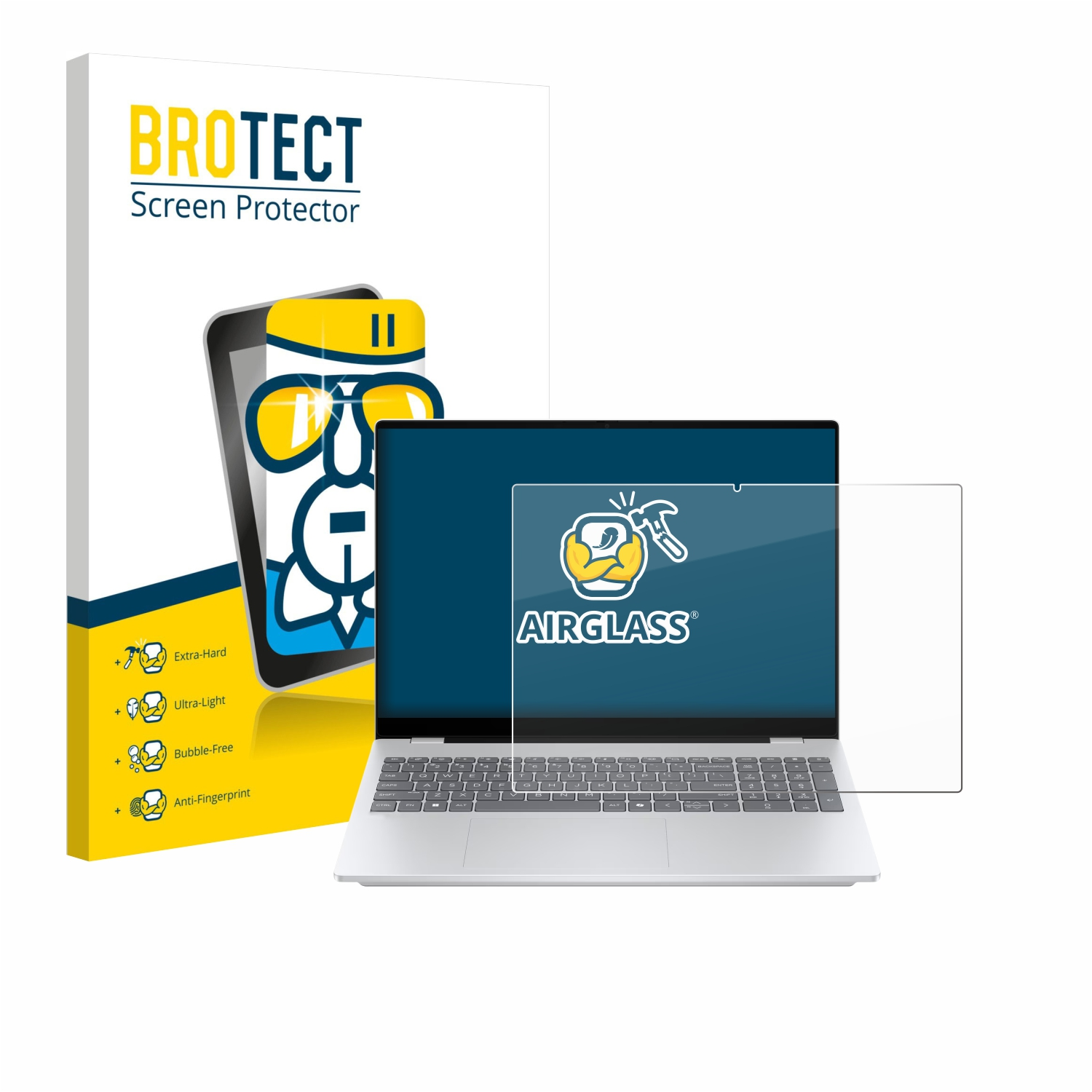 Ein Laptop mit Displayschutz, eine Box mit "BROTECT Screen Protector" und ein "AIRGLASS" Displayschutz sind abgebildet.