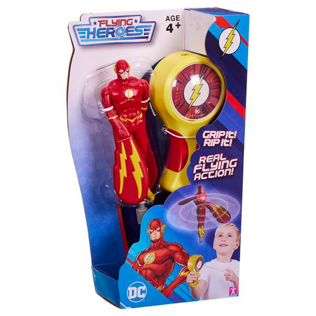 Una caja de juguetes muestra una figura de acción de Flash y un lanzador amarillo. Dice 'Flying Heroes' y 'Real Flying Action'.