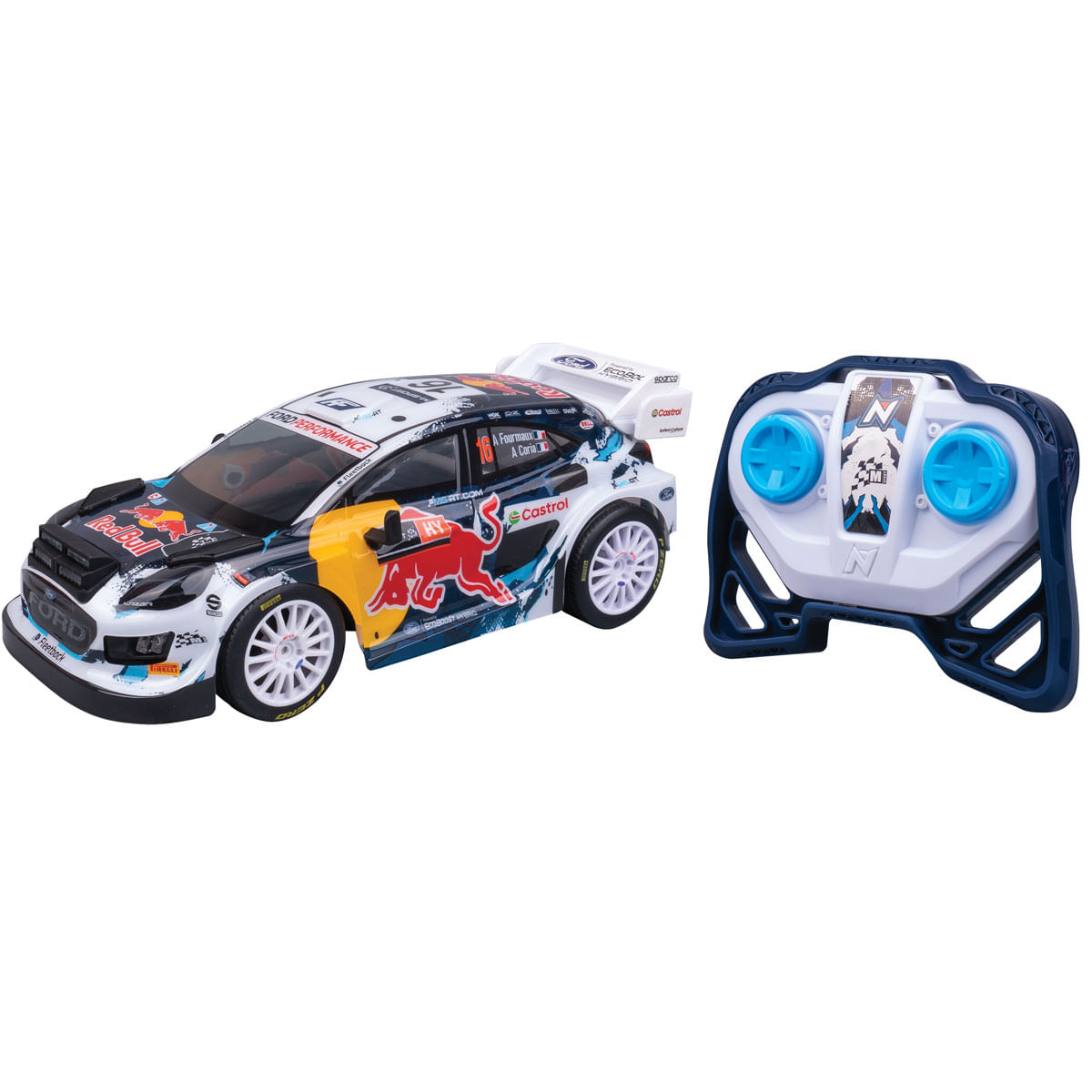 Un coche de carreras Ford Red Bull blanco y azul y un mando a distancia, ambos aislados sobre un fondo blanco.