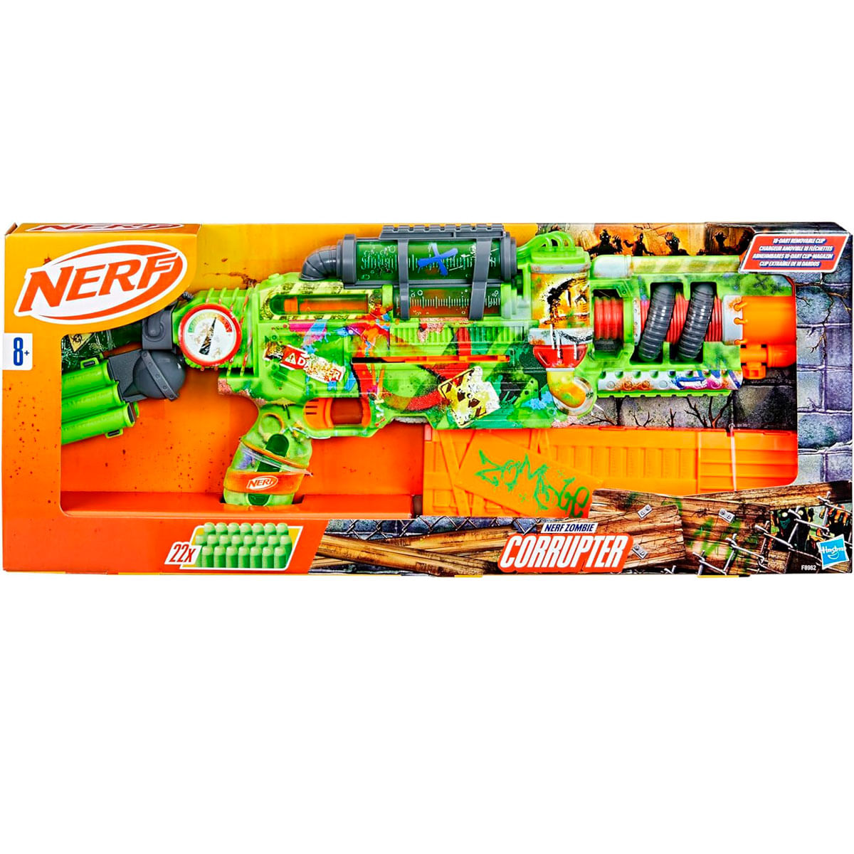 Bláster Nerf Zombie Corruptor en su caja. Dominan los colores verde y naranja, con un diseño que sugiere un tema zombi.