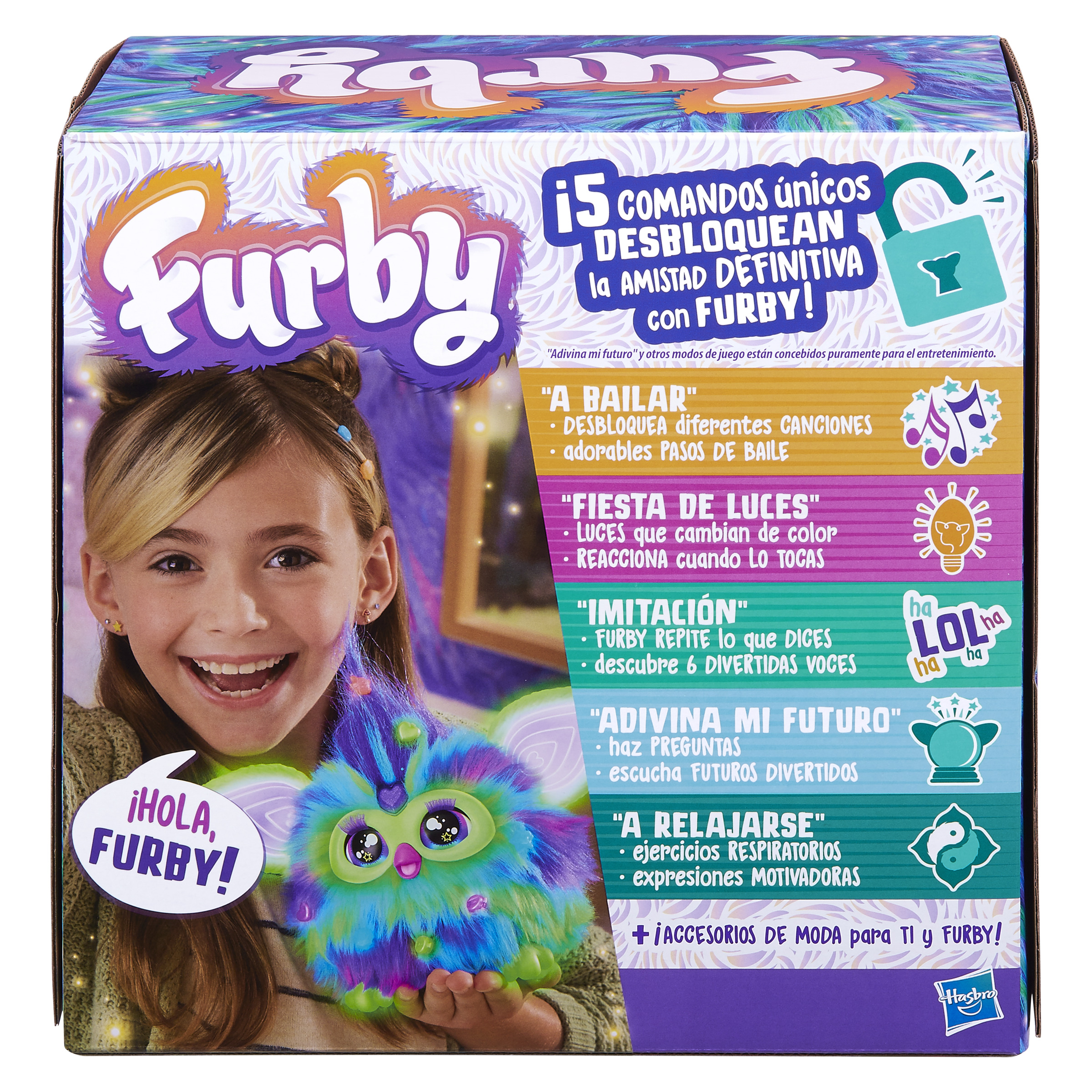Caja de juguetes Furby con una niña sonriendo. Tiene texto en español e imagen del juguete Furby.