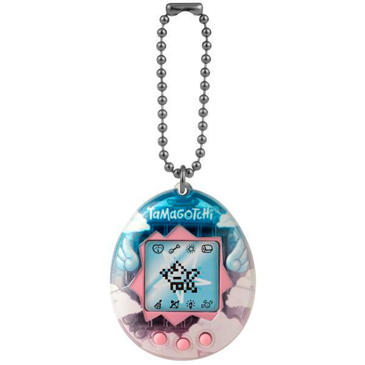 Un juguete digital de mascotas Tamagotchi. Es azul y rosa con una pantalla que muestra un personaje pixelado e iconos. Cuelga de una cadena plateada.