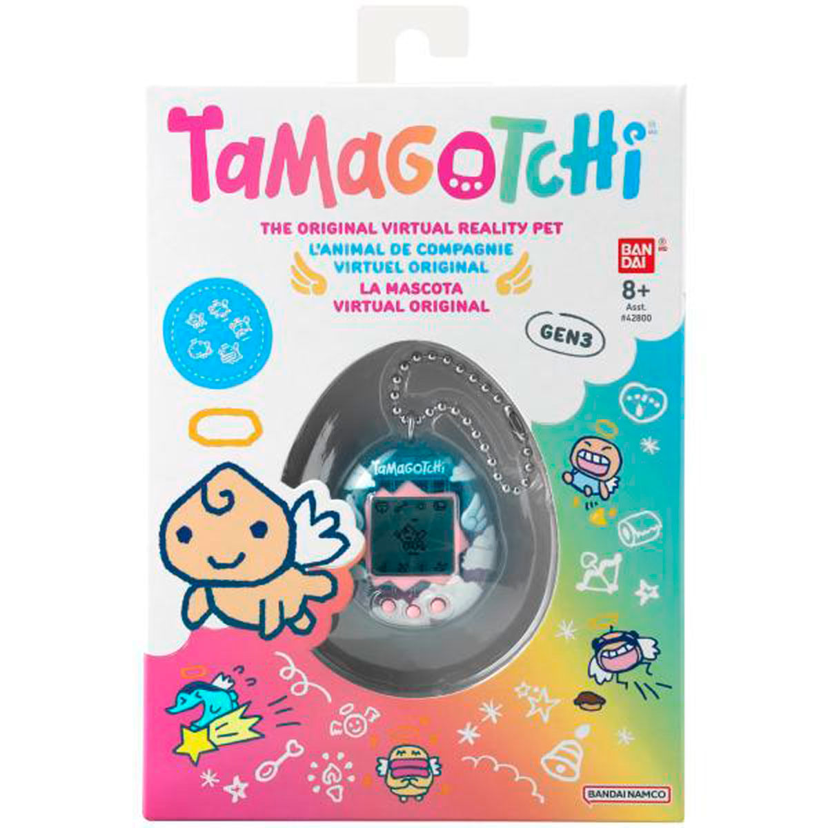Una caja de Tamagotchi con el juguete, ilustraciones coloridas y texto en varios idiomas. Tiene una etiqueta Gen3 y el logotipo de Bandai Namco.