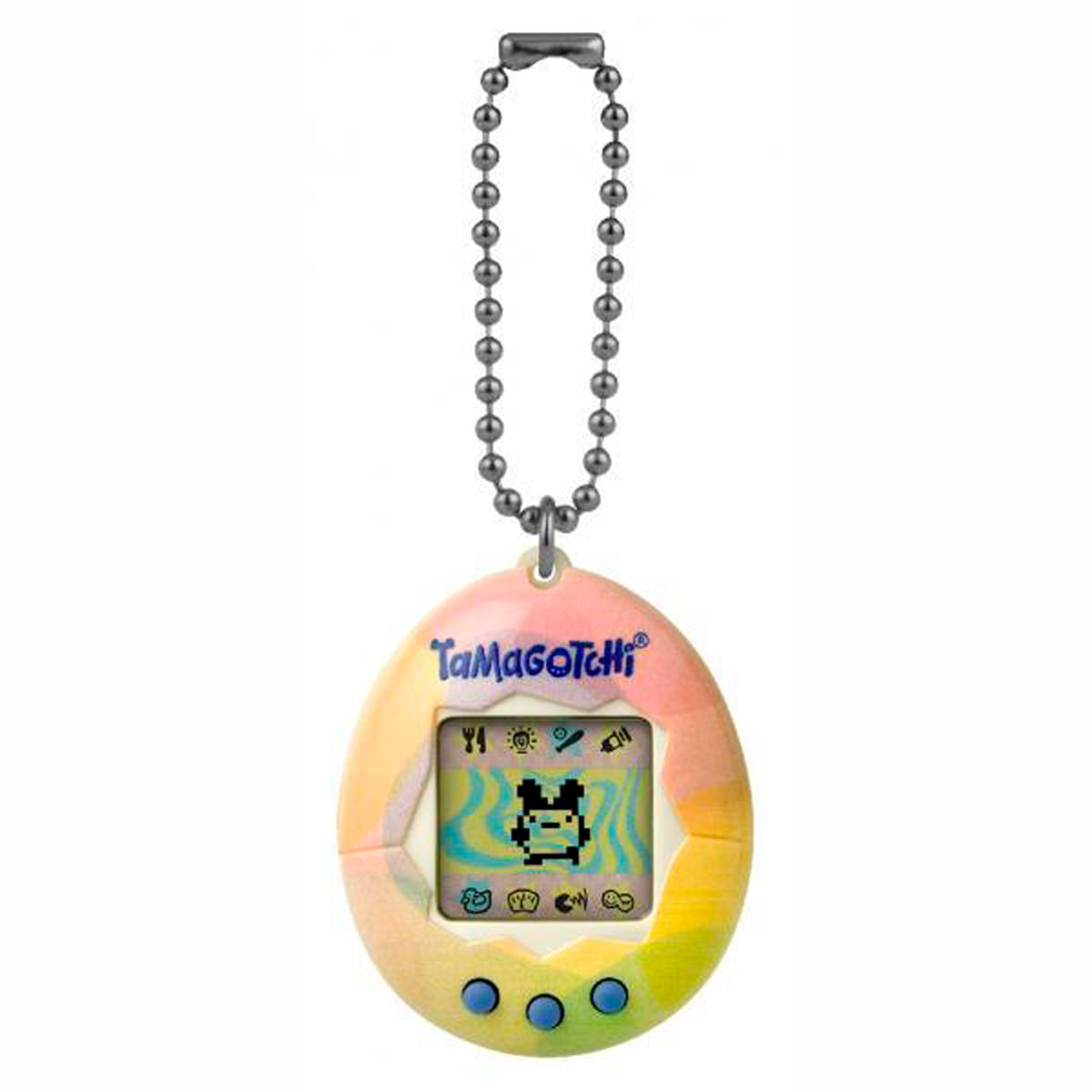 Un dispositivo Tamagotchi con una pantalla que muestra una mascota pixelada. Tiene tres botones azules en la parte inferior y una cadena de metal.