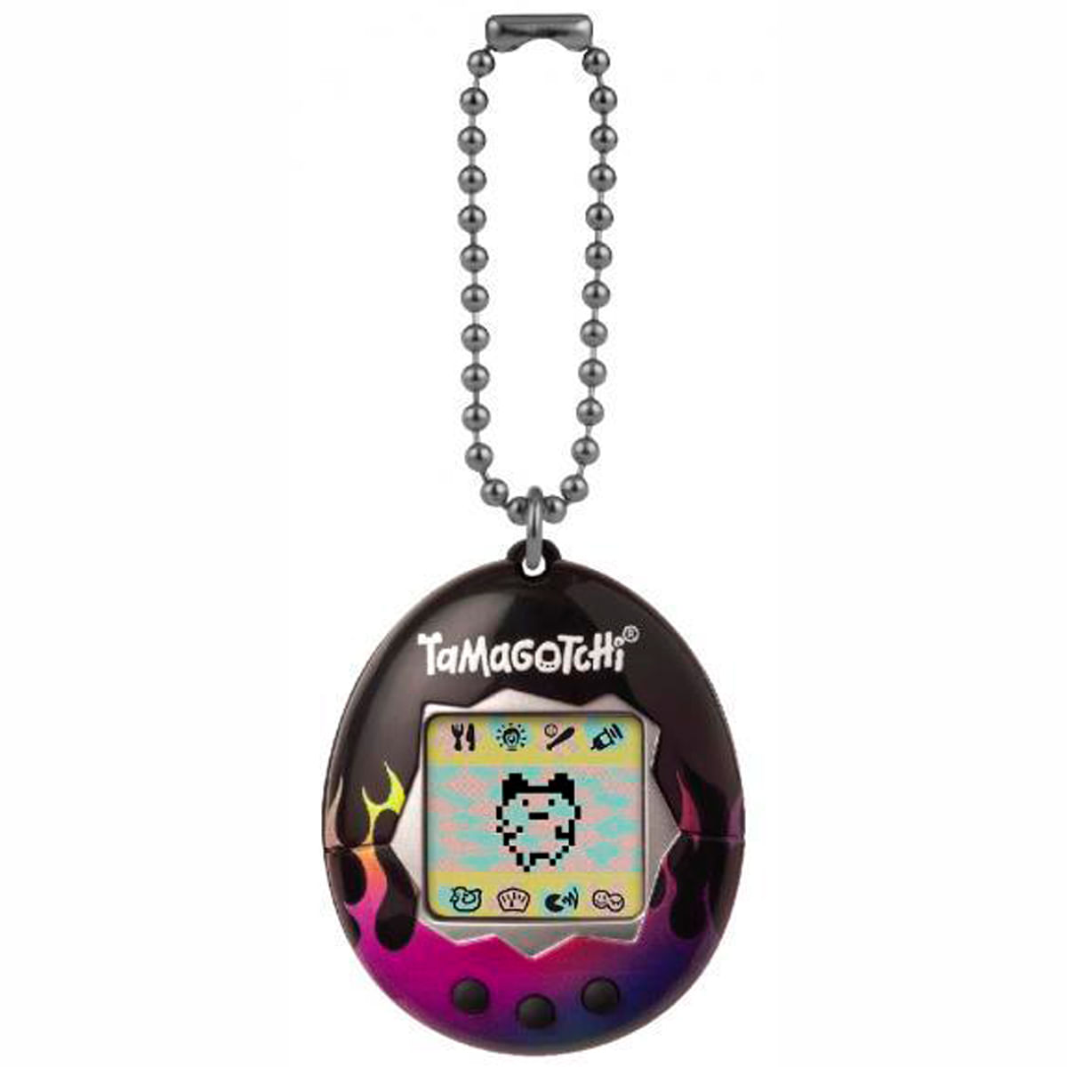 Un Tamagotchi con cuerpo negro, llamas y cadena. La pantalla muestra una criatura pixelada. El dispositivo cuelga.