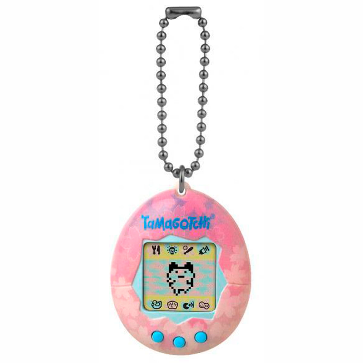 Un juguete Tamagotchi rosa con una pantalla digital que muestra un personaje pixelado. Tiene una cadena y tres botones azules.