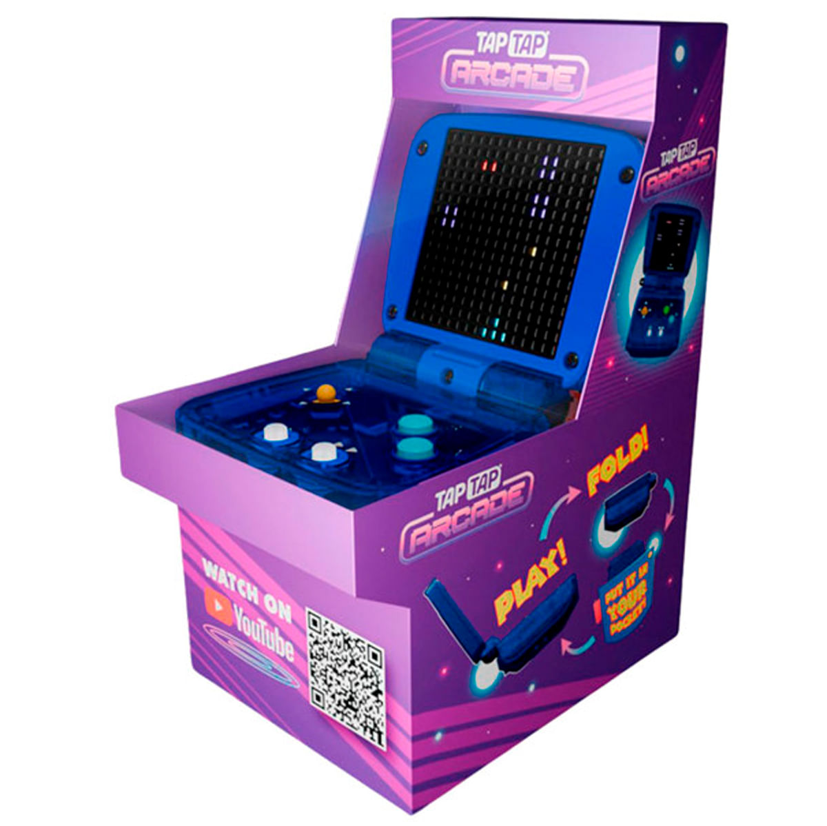 Una máquina de juego Tap Tap Arcade morada y azul. Tiene una pantalla y botones para jugar. La máquina está sobre un fondo blanco.