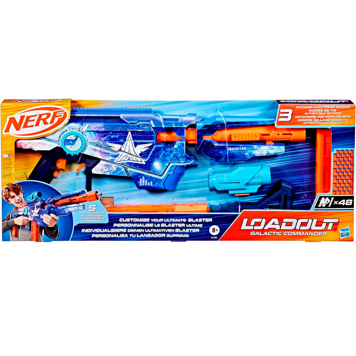 Una caja de pistola Nerf. Tiene una pistola azul y naranja, con las palabras 'Loadout Galactic Commander' impresas.