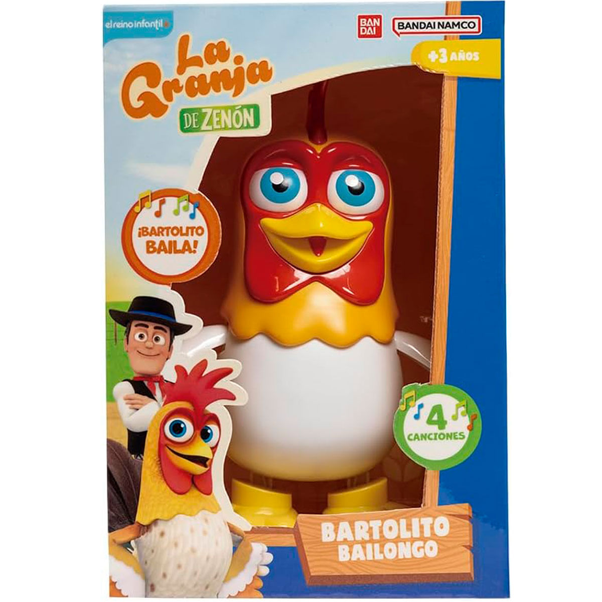 Caja de juguetes con un gallo de dibujos animados. Tiene colores rojo, amarillo y blanco. La caja dice 'La Granja de Zenón' y 'Bartolito Bailongo'.