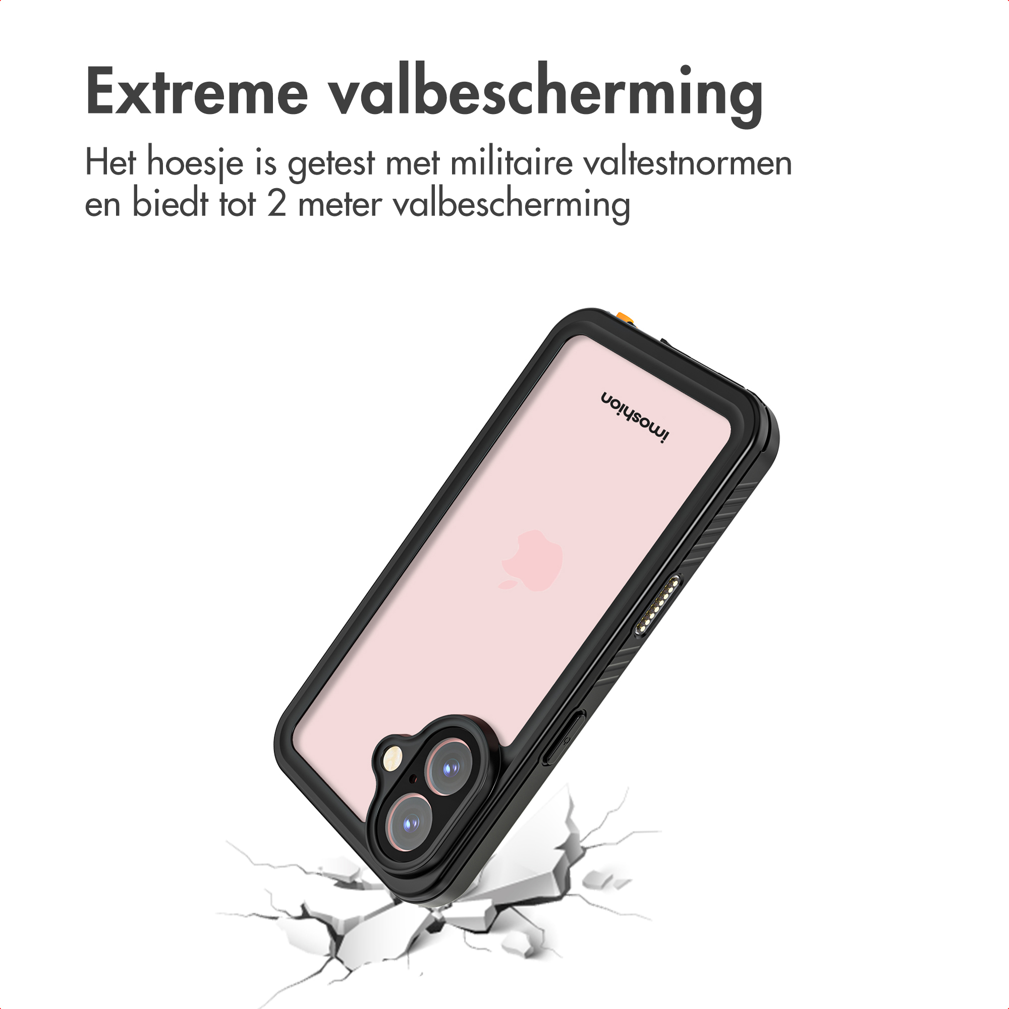 Custodia per telefono con testo sopra, che cade su cemento rotto. Il telefono ha un retro rosa e bordi neri.