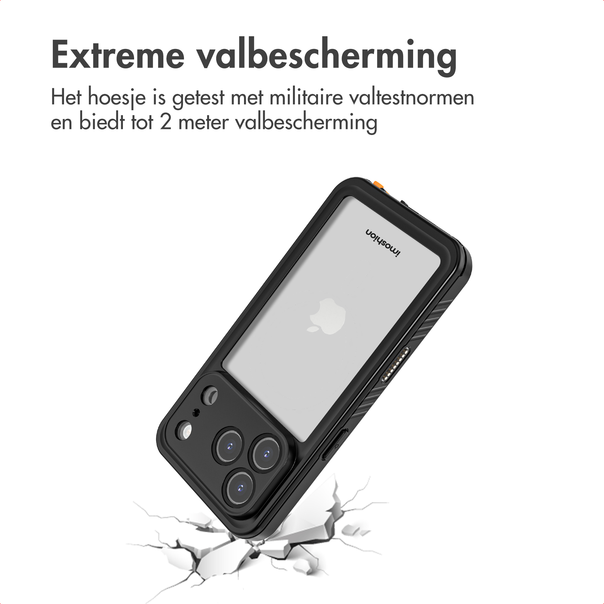 Zwarte telefoonhoes met doorzichtige achterkant, op witte achtergrond. Toont een barsteffect. Tekst in het Nederlands.