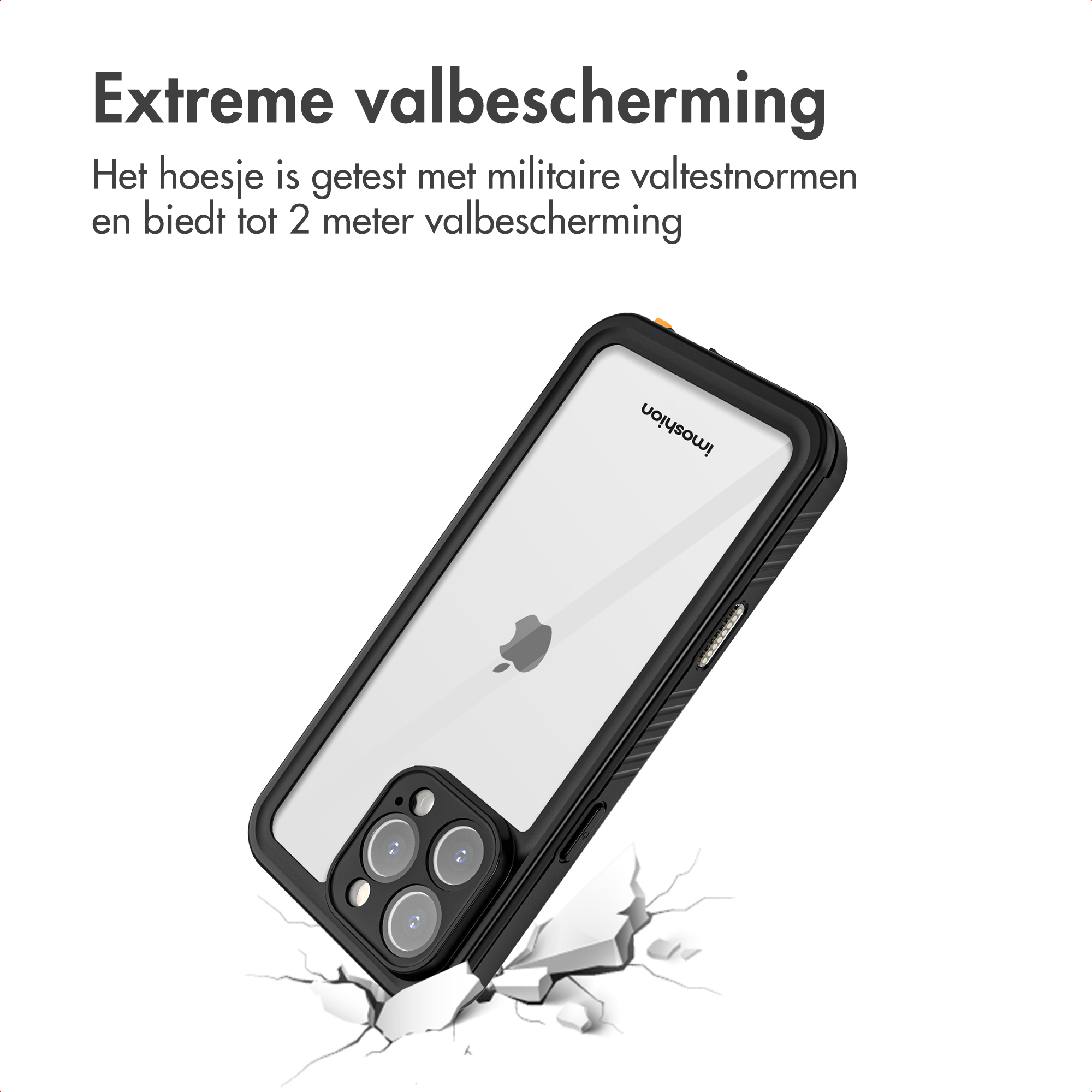 Telefono in custodia nera, pavimento incrinato. Testo: Protezione estrema dalle cadute. Testato con standard militari.