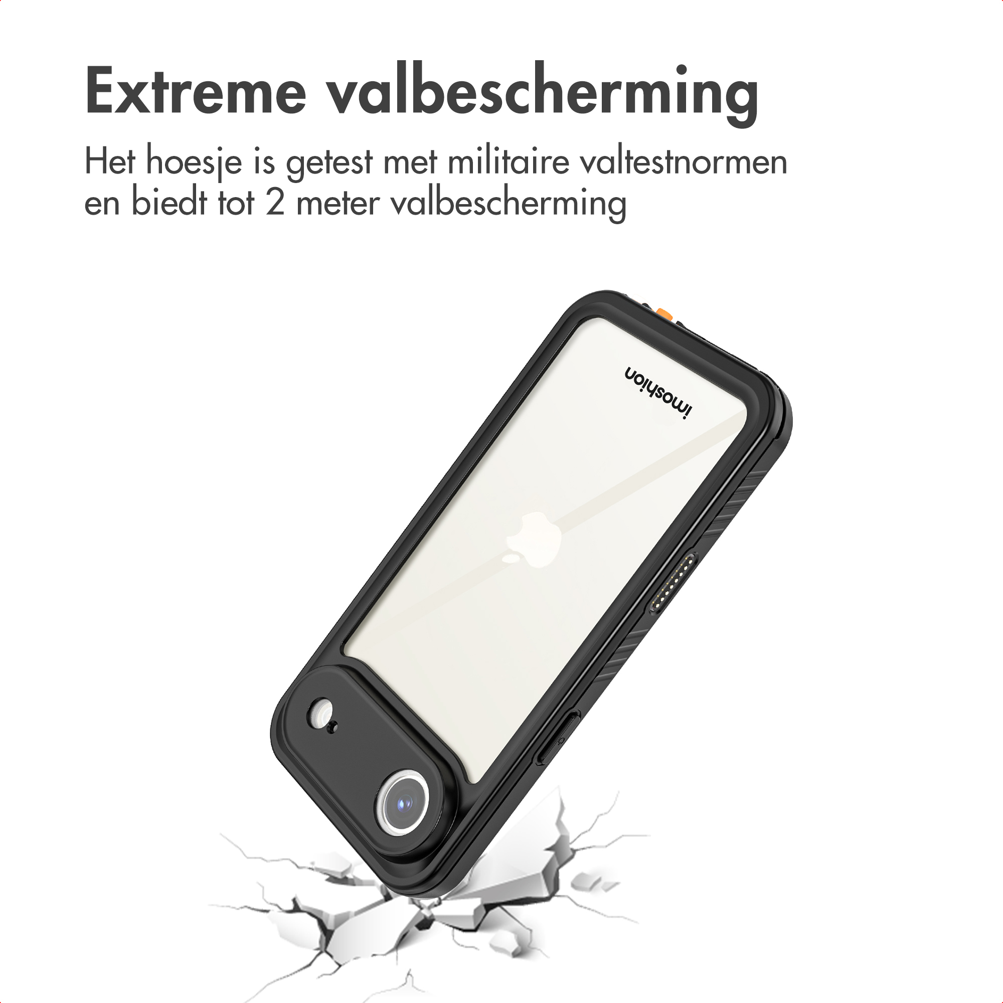 Black phone case with camera, cracked ground below. Text reads 'Extreme drop protection'.