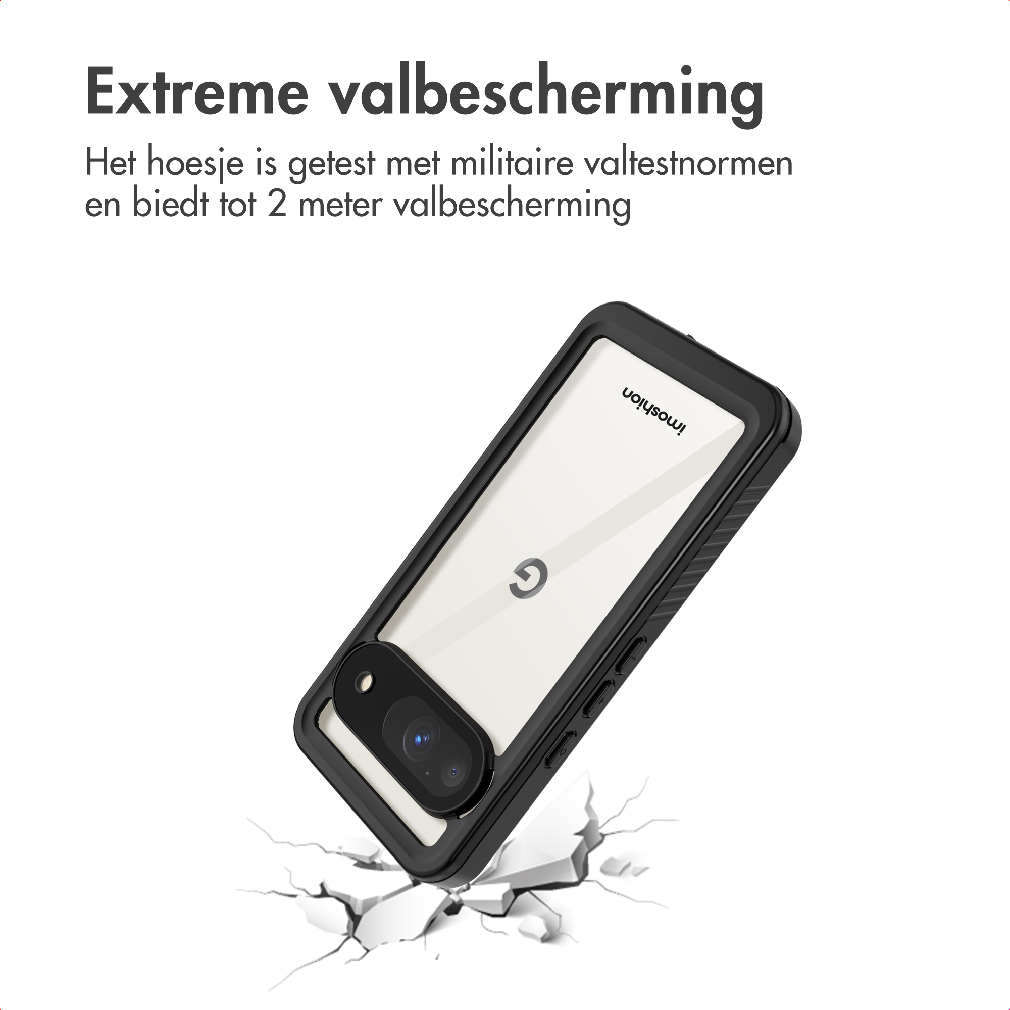 Una custodia per telefono con telefono all'interno. La custodia è nera, il telefono visibile, con effetto crepa.