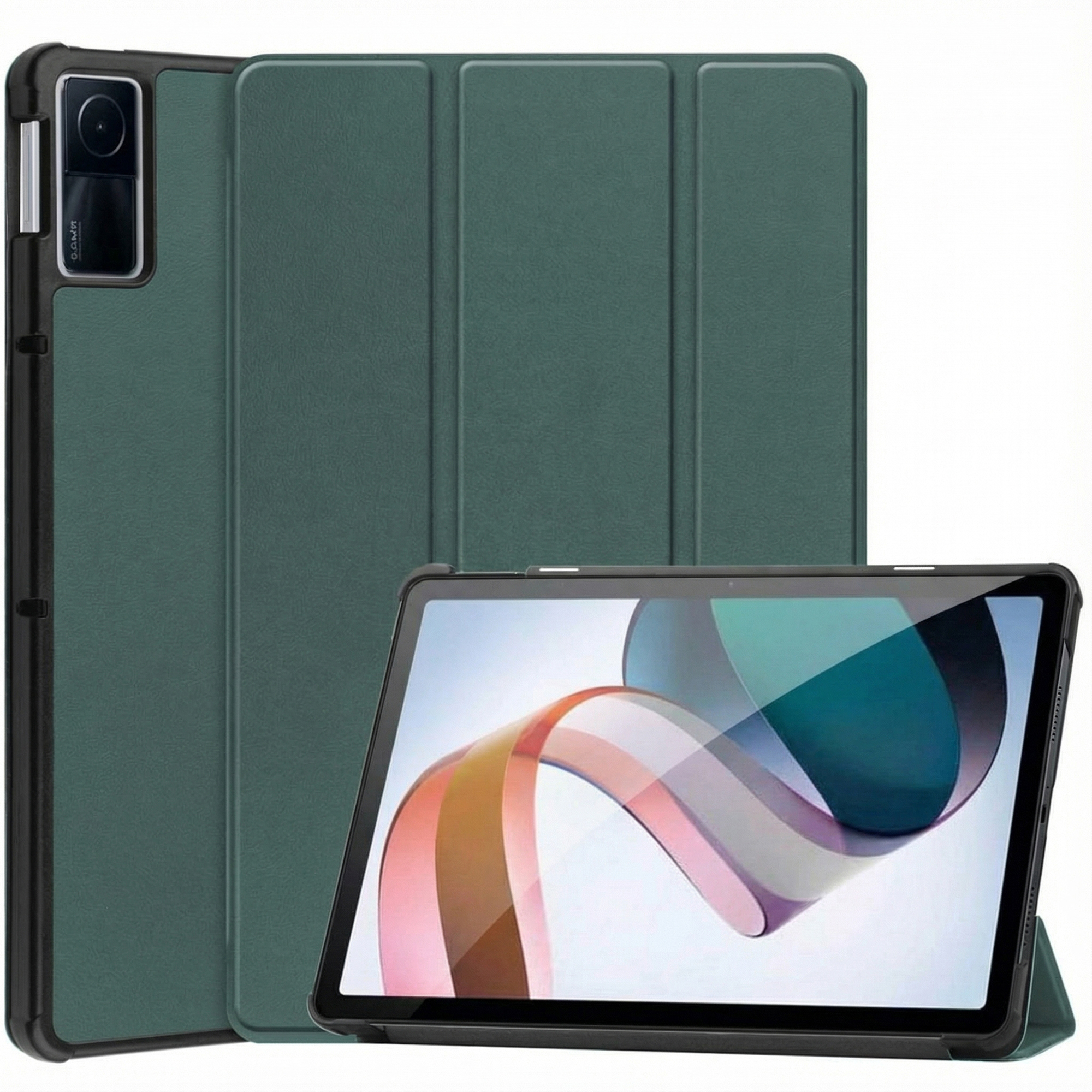 Tablet in a green case. The screen displays a colorful image. The case is open, showing the screen.