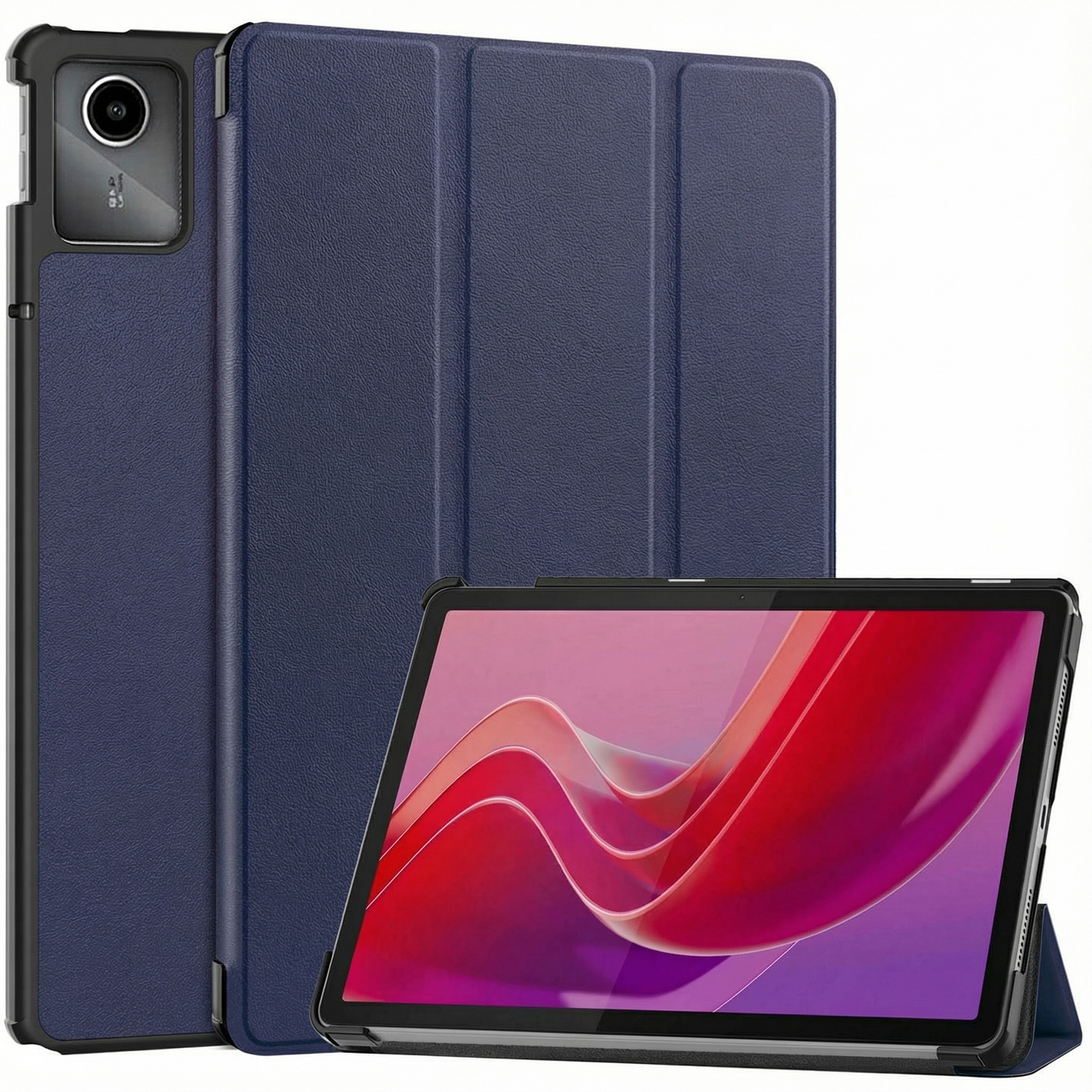 A tablet in a blue case with a screen displaying abstract red and purple shapes. Another case is to the left.