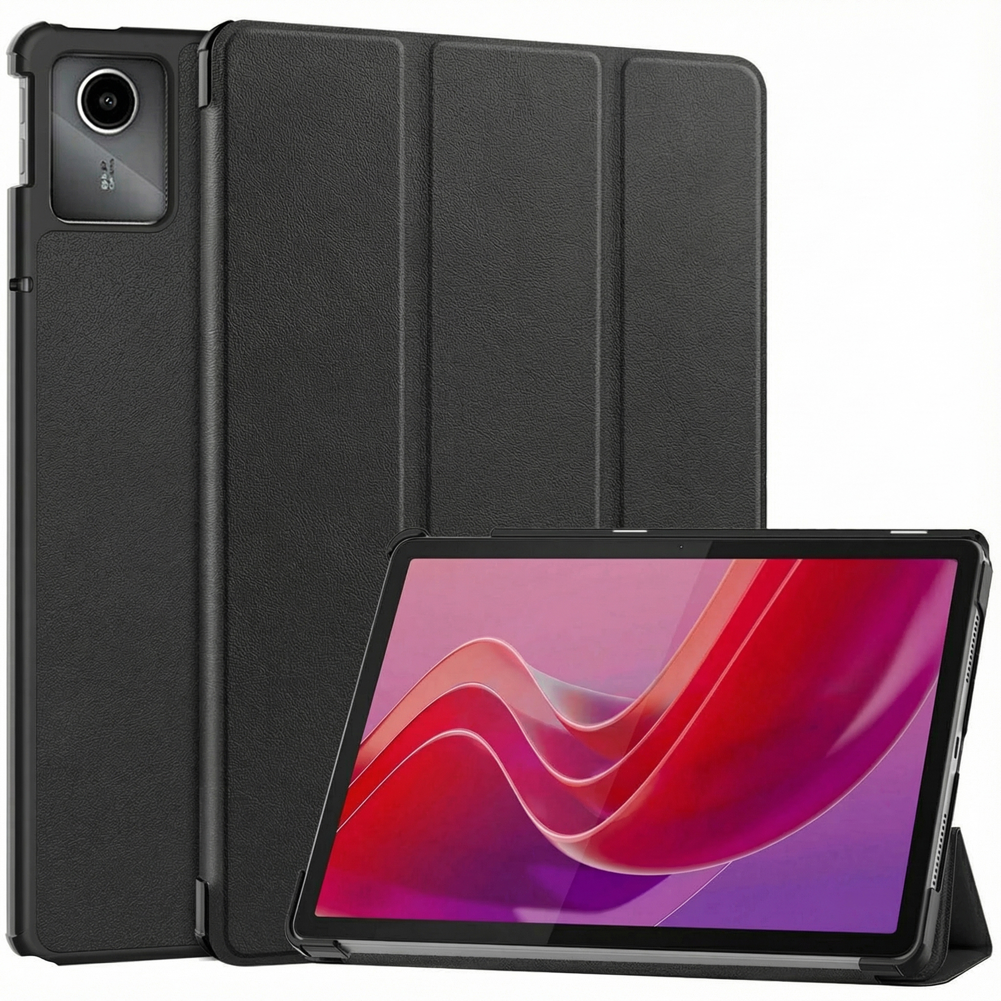 Black tablet with a black case, showing the screen with a red and purple design.