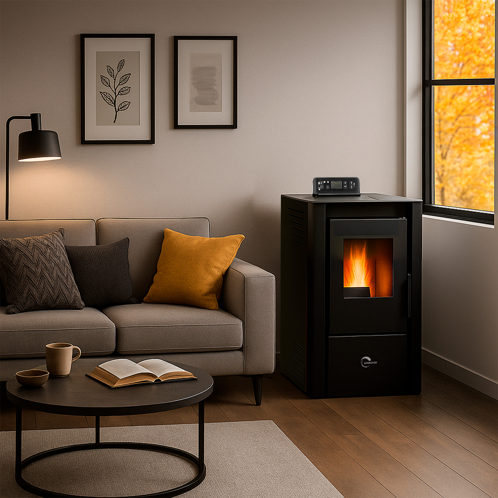 Ein Wohnzimmer mit Couch, Couchtisch und Kamin. Ein Fenster zeigt Herbstlaub.
