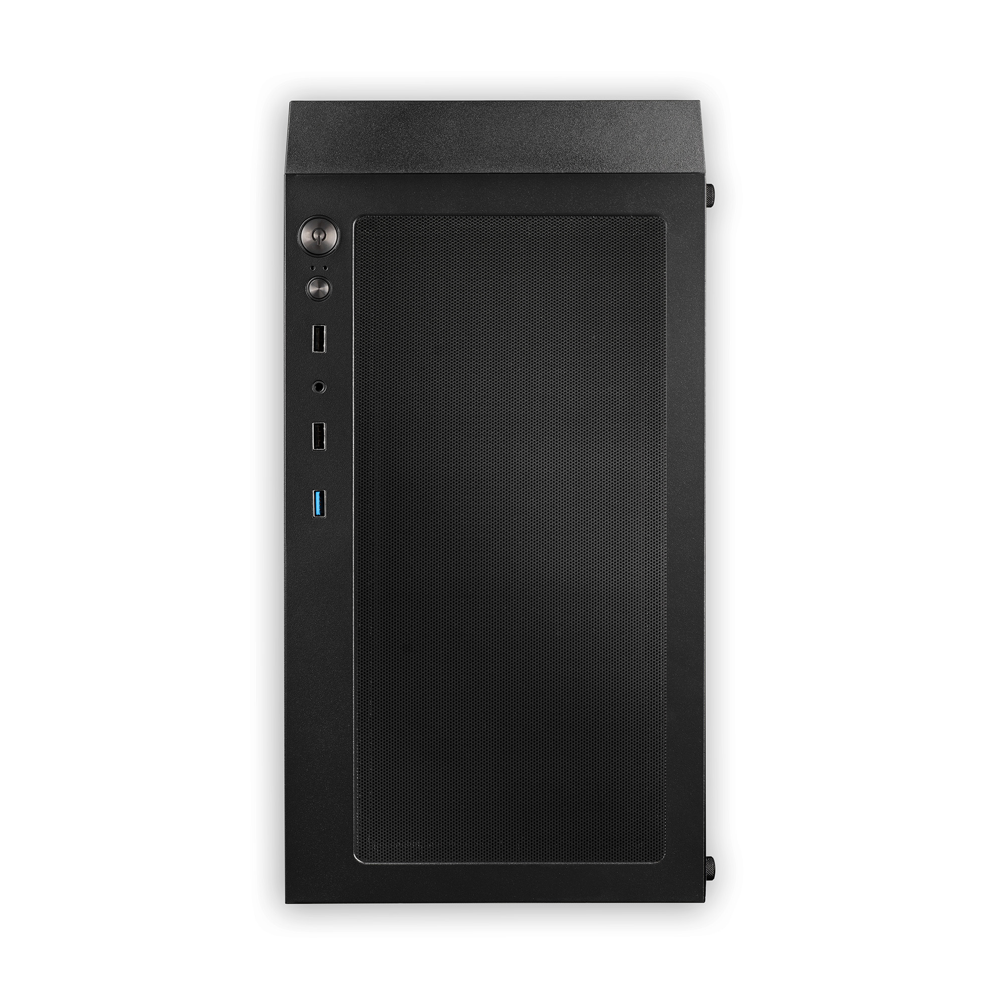 Czarna obudowa komputera. Ma siatkowy przód, przycisk zasilania, porty USB i białe tło.