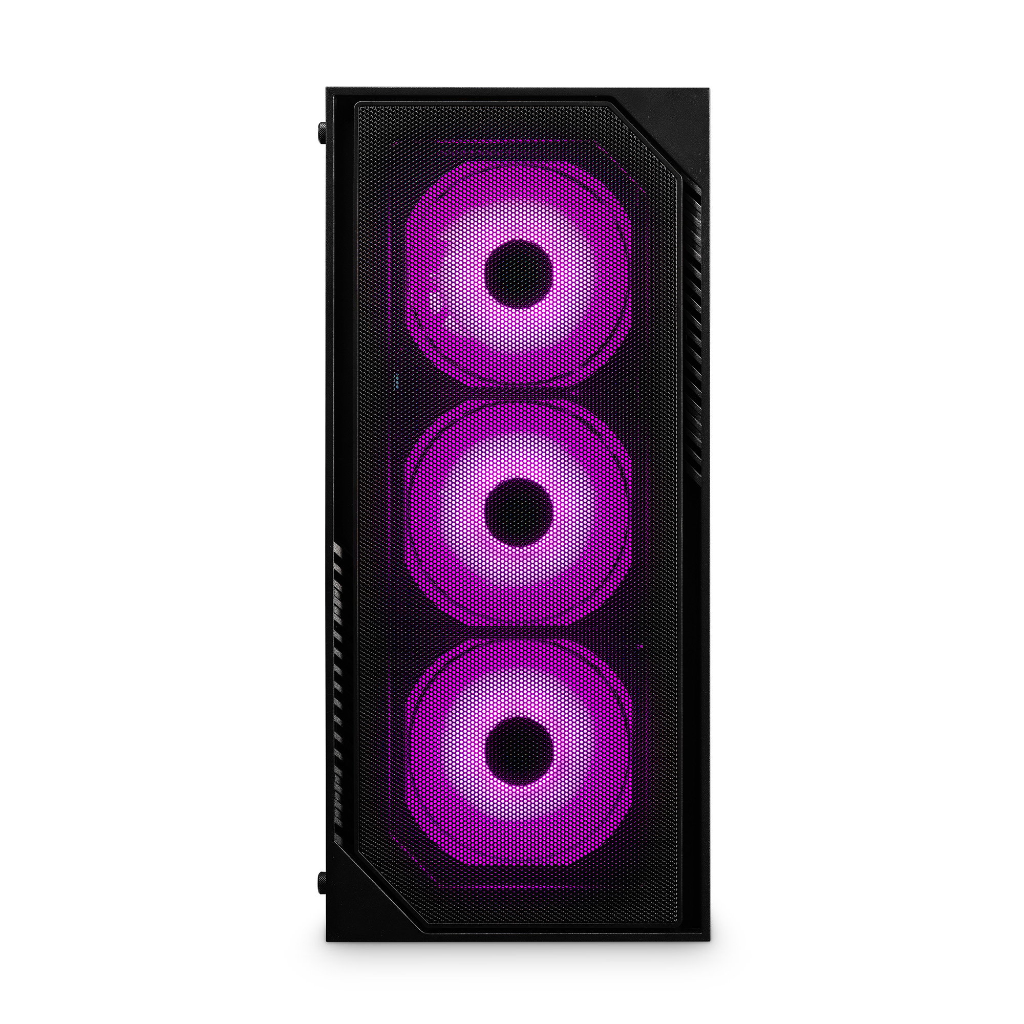 Czarna obudowa komputera z trzema podświetlanymi fioletowymi wentylatorami. Wentylatory mają okrągłą siatkową konstrukcję.
