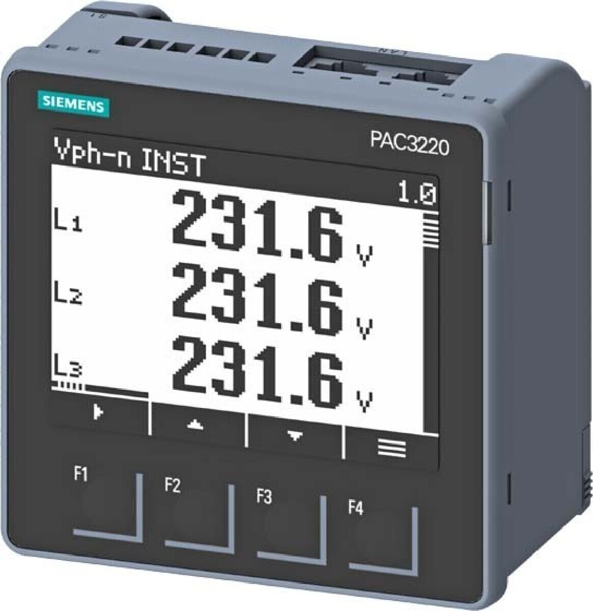 Ein Siemens PAC3220-Gerät zeigt Spannungswerte an: 231,6 V auf L1, L2 und L3. Es hat Tasten F1-F4 und einen Bildschirm.