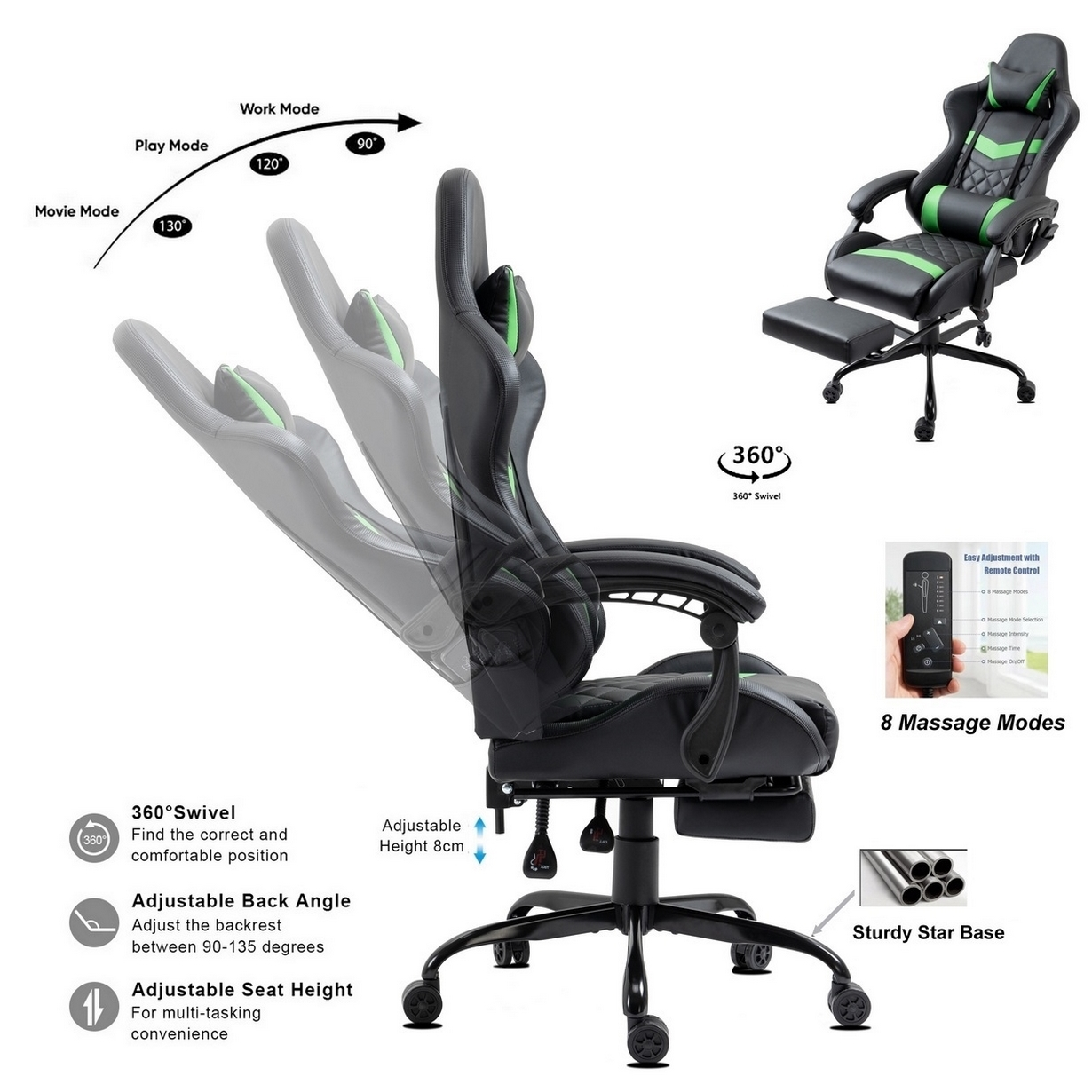 Schwarzer und grüner Gaming-Stuhl mit Funktionen wie verstellbarem Rückenwinkel, Sitzhöhe und 8 Massagemodi.