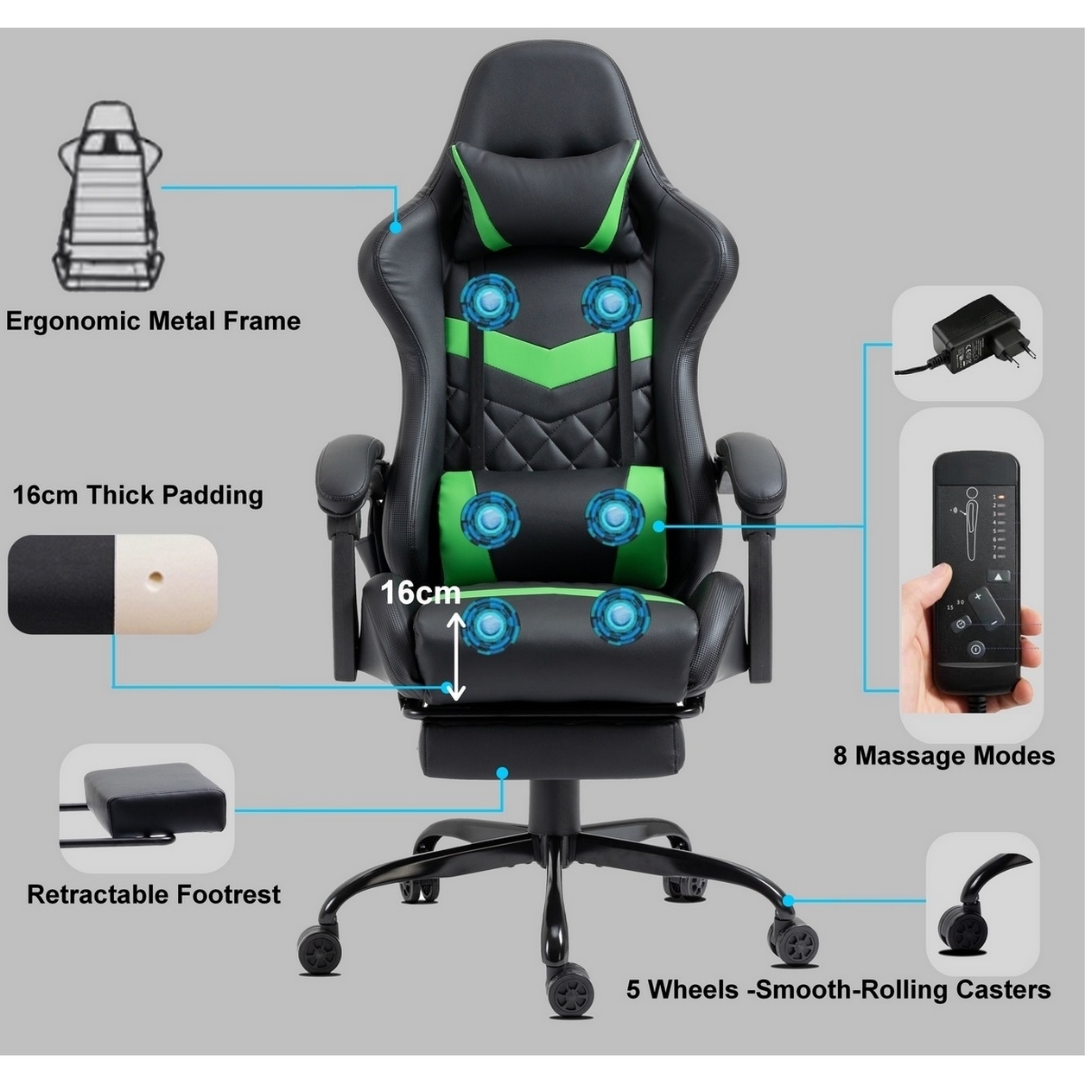 Ein Gaming-Stuhl mit schwarzen und grünen Akzenten. Zu den Merkmalen gehören eine ausziehbare Fußstütze, 8 Massagemodi und 5 Rollrollen.