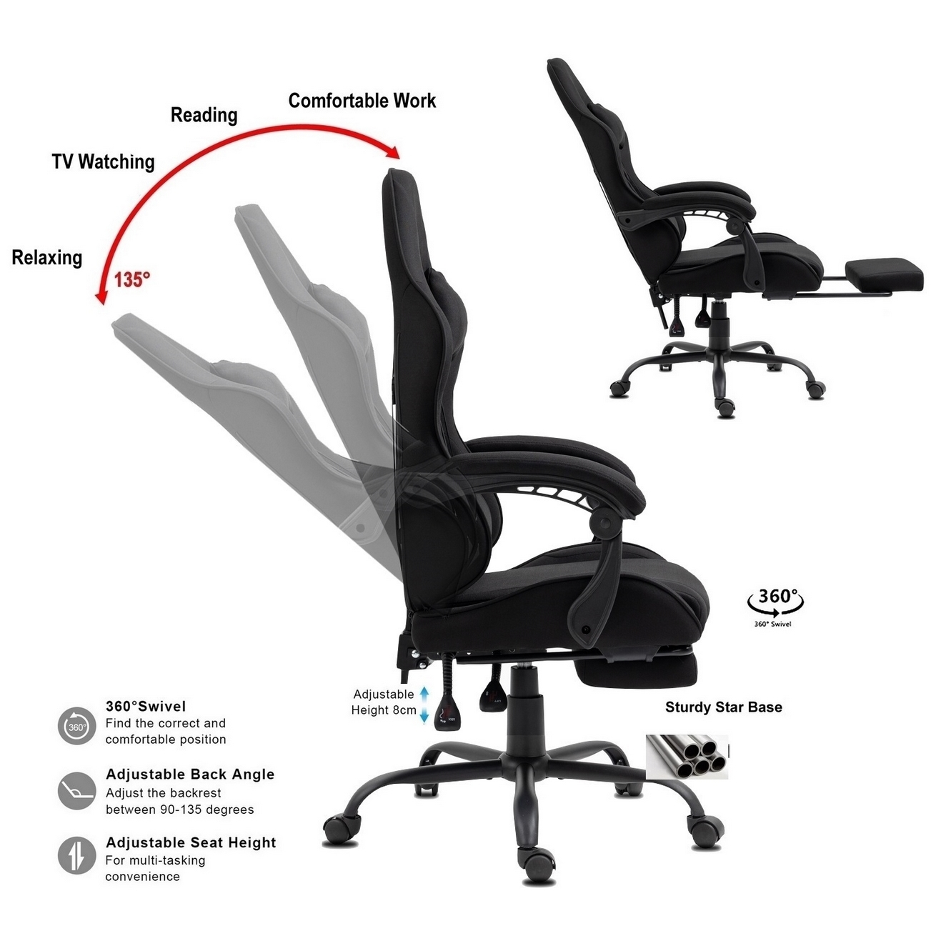 Schwarzer ergonomischer Stuhl mit verstellbaren Funktionen. Zeigt verschiedene Liegepositionen für Aktivitäten wie Lesen und Entspannen.
