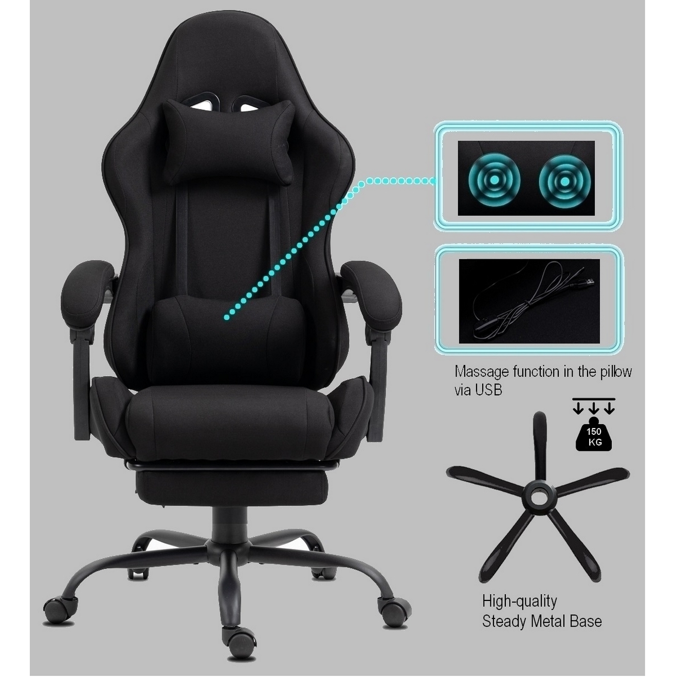 Schwarzer Gaming-Stuhl mit Kopf- und Lendenwirbelstütze. Mit Massagefunktion über USB, stabilem Metallsockel und 150 kg Tragfähigkeit.