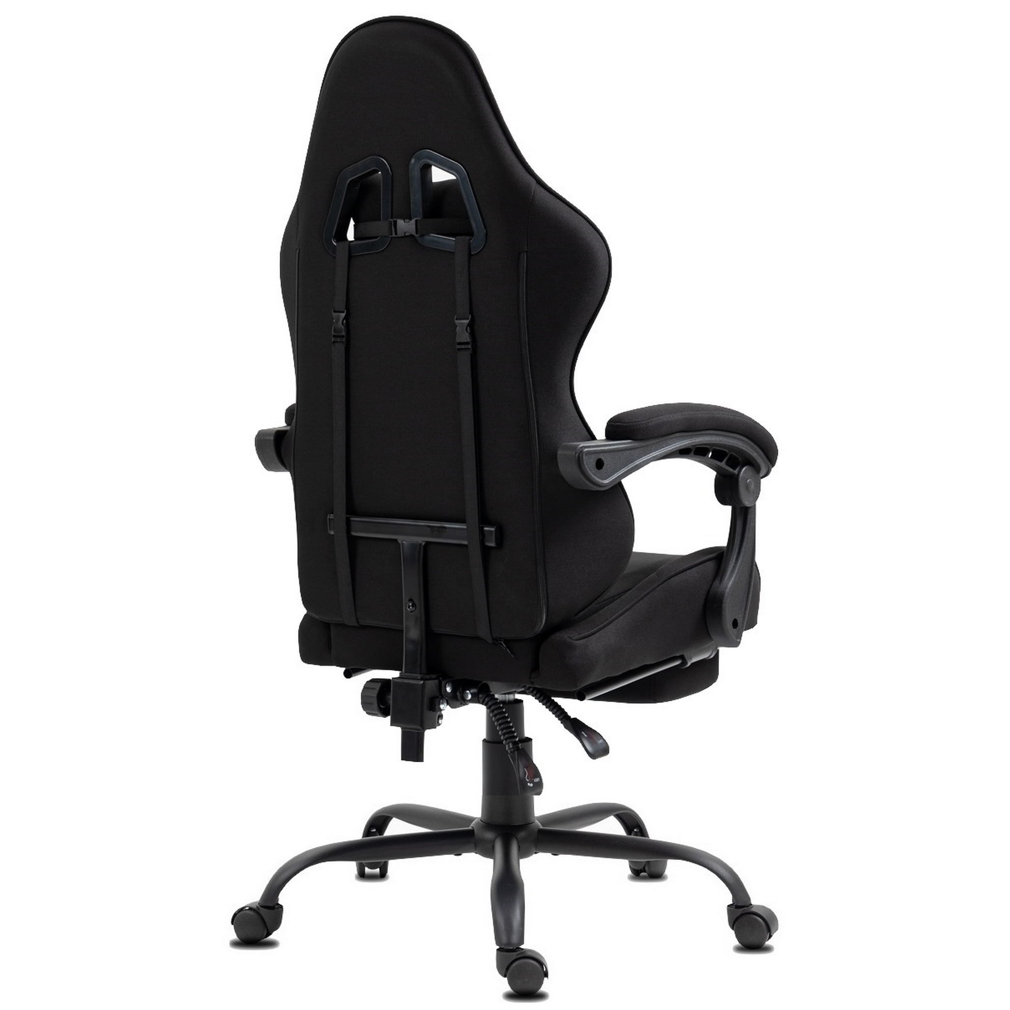 Schwarzer Gaming-Stuhl, Rückansicht. Verfügt über eine hohe Rückenlehne, Armlehnen und ein Fünf-Rad-Gestell, alles auf weißem Grund.