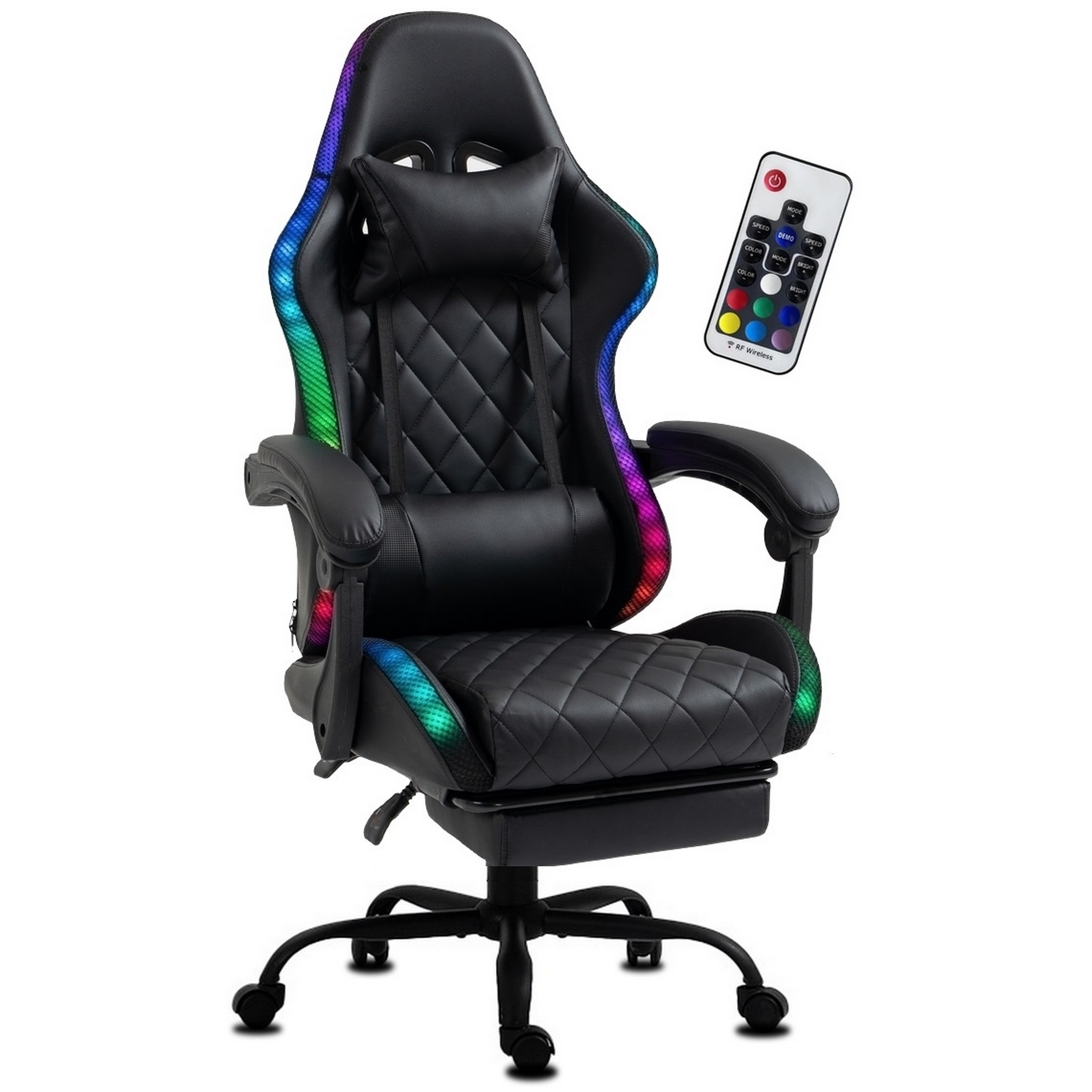 Schwarzer Gaming-Stuhl mit RGB-Beleuchtung und Fernbedienung. Merkmale: Diamantsteppung, Kopfstütze, Armlehnen und Fußstütze. Weißer Hintergrund.