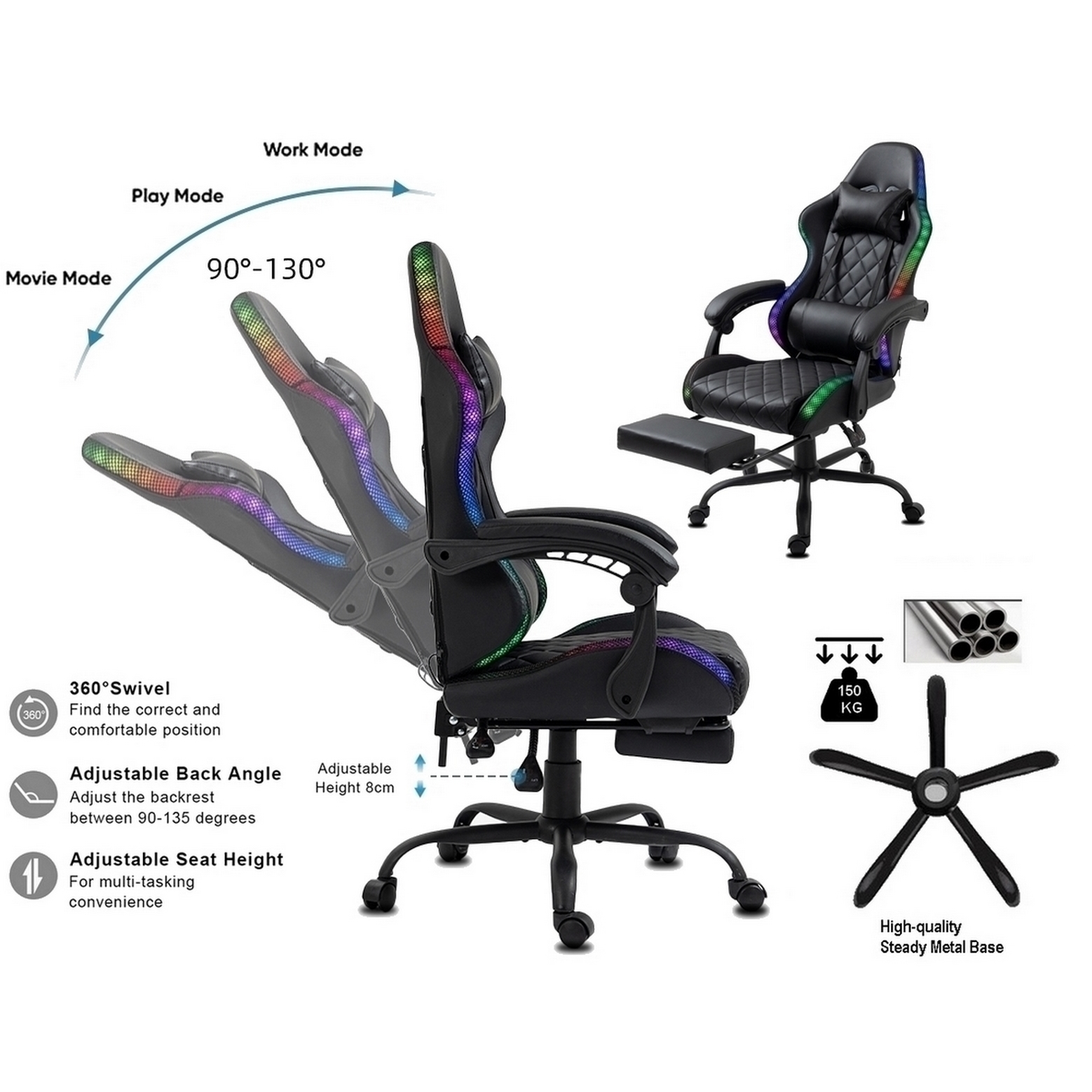 Gaming-Stuhl mit verstellbarer Rückenlehne, Sitz und Armlehnen. Mit Kopfstütze, Fußstütze und RGB-Beleuchtung. Metallbasis und Drehfunktion.