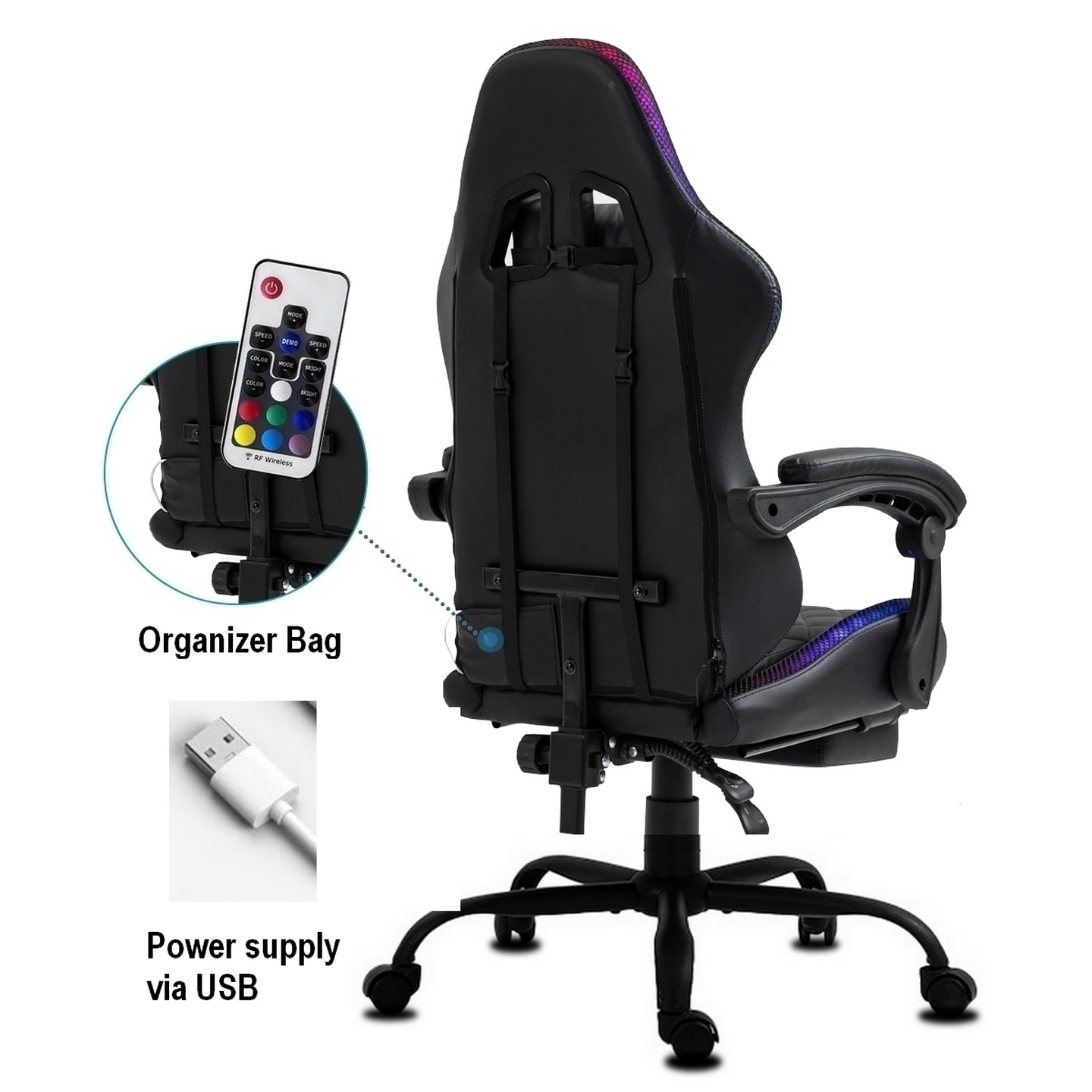 Schwarzer Gaming-Stuhl mit Fernbedienung, USB-Kabel und Organizer-Tasche. Bunte LED-Beleuchtung an Sitz und Rückenlehne.