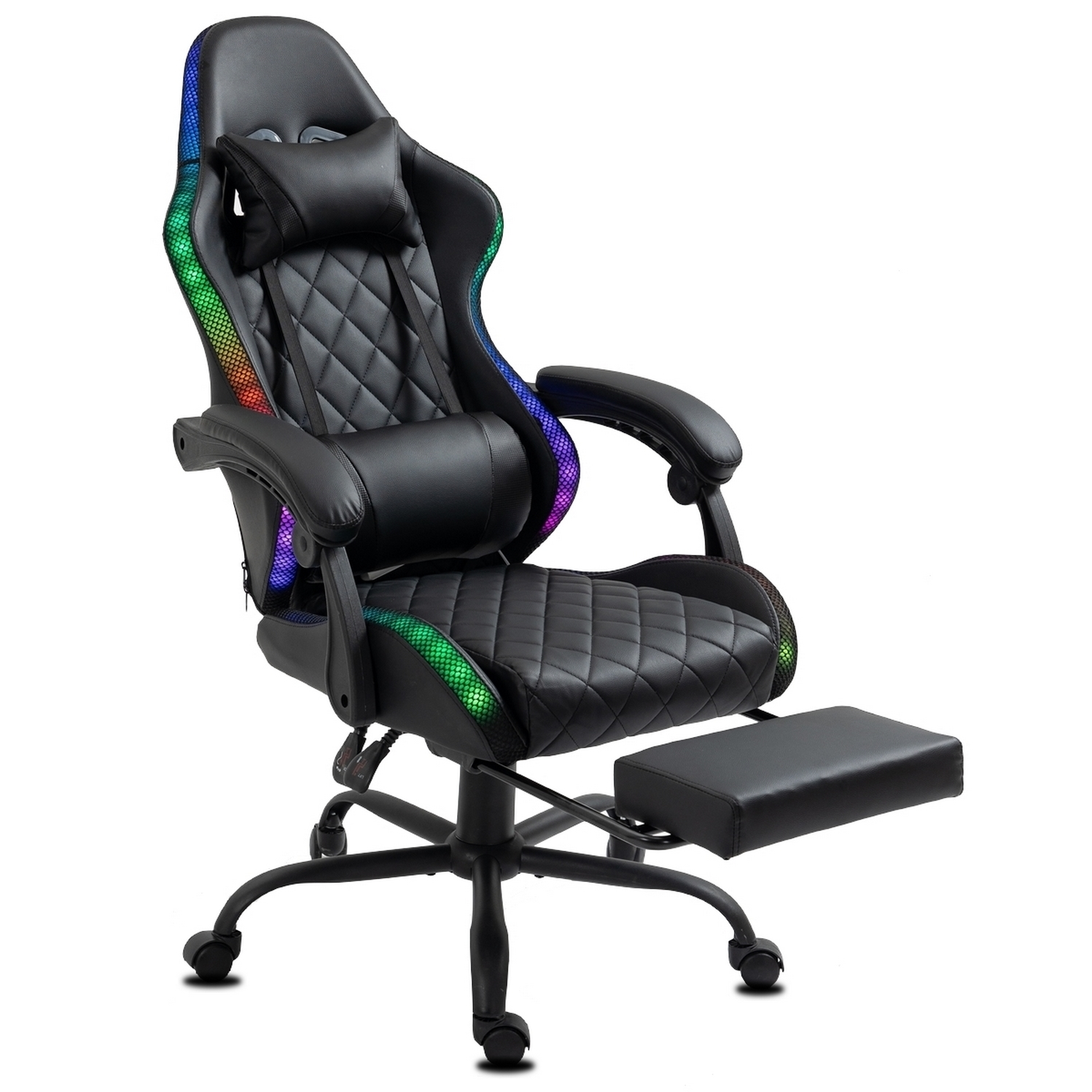 Schwarzer Gaming-Stuhl mit RGB-Beleuchtung, Rautenmuster, Kopfstütze, Armlehnen, Fußstütze und rollbarem Untergestell.