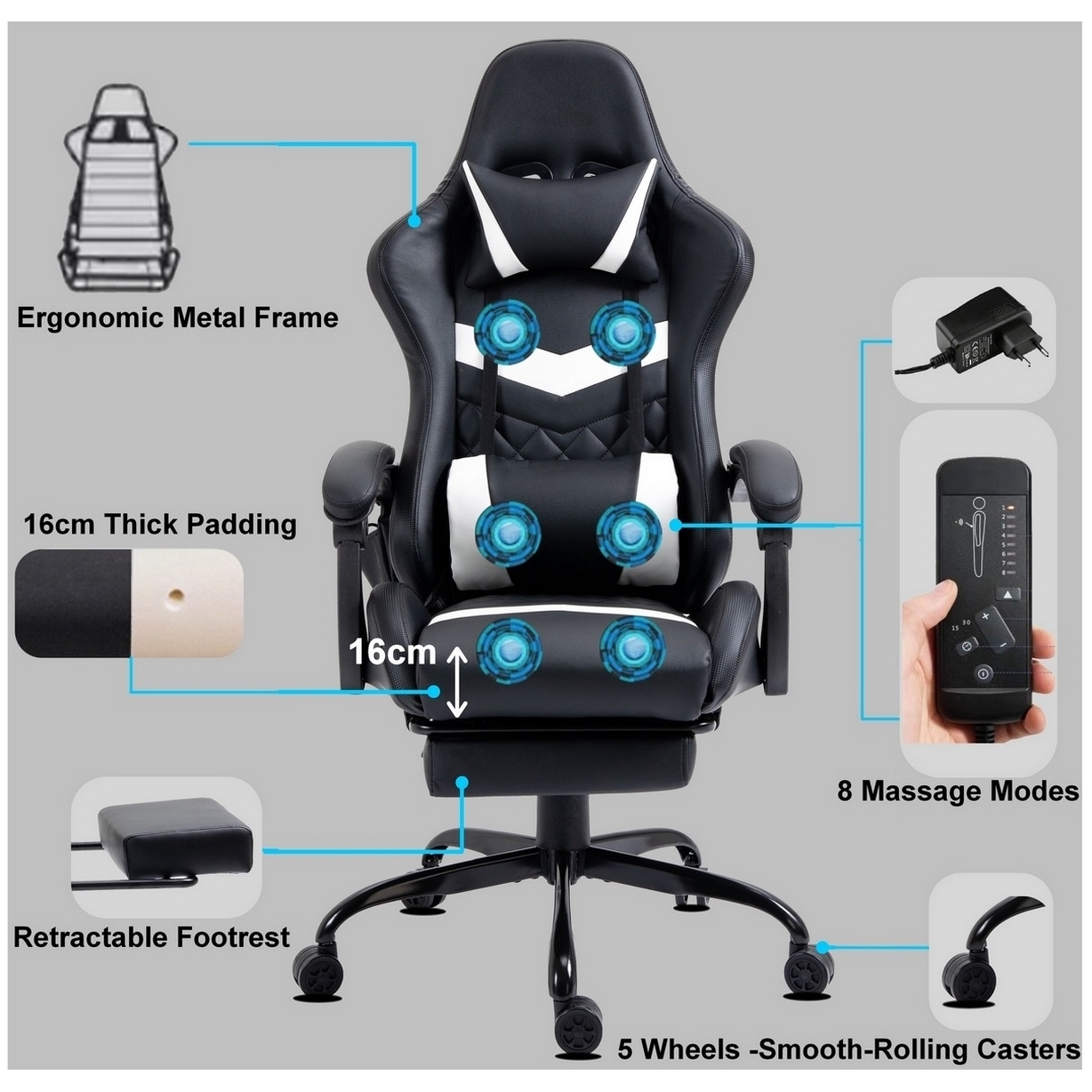 Ein schwarz-weißer Gaming-Stuhl mit Massagefunktion. Enthält eine ausziehbare Fußstütze, 8 Massagemodi und 5 Rollrollen. Zeigt Polsterdetails.