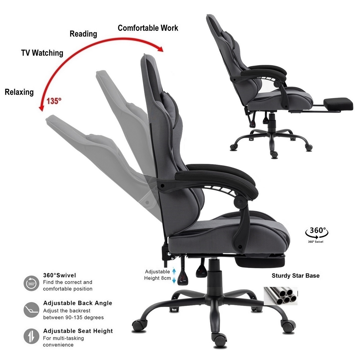 Grauer ergonomischer Stuhl mit verstellbarer Rückenlehne, Sitz und Armlehnen. Er hat eine Fußstütze und ein stabiles Gestell. Zeigt verschiedene Positionen.